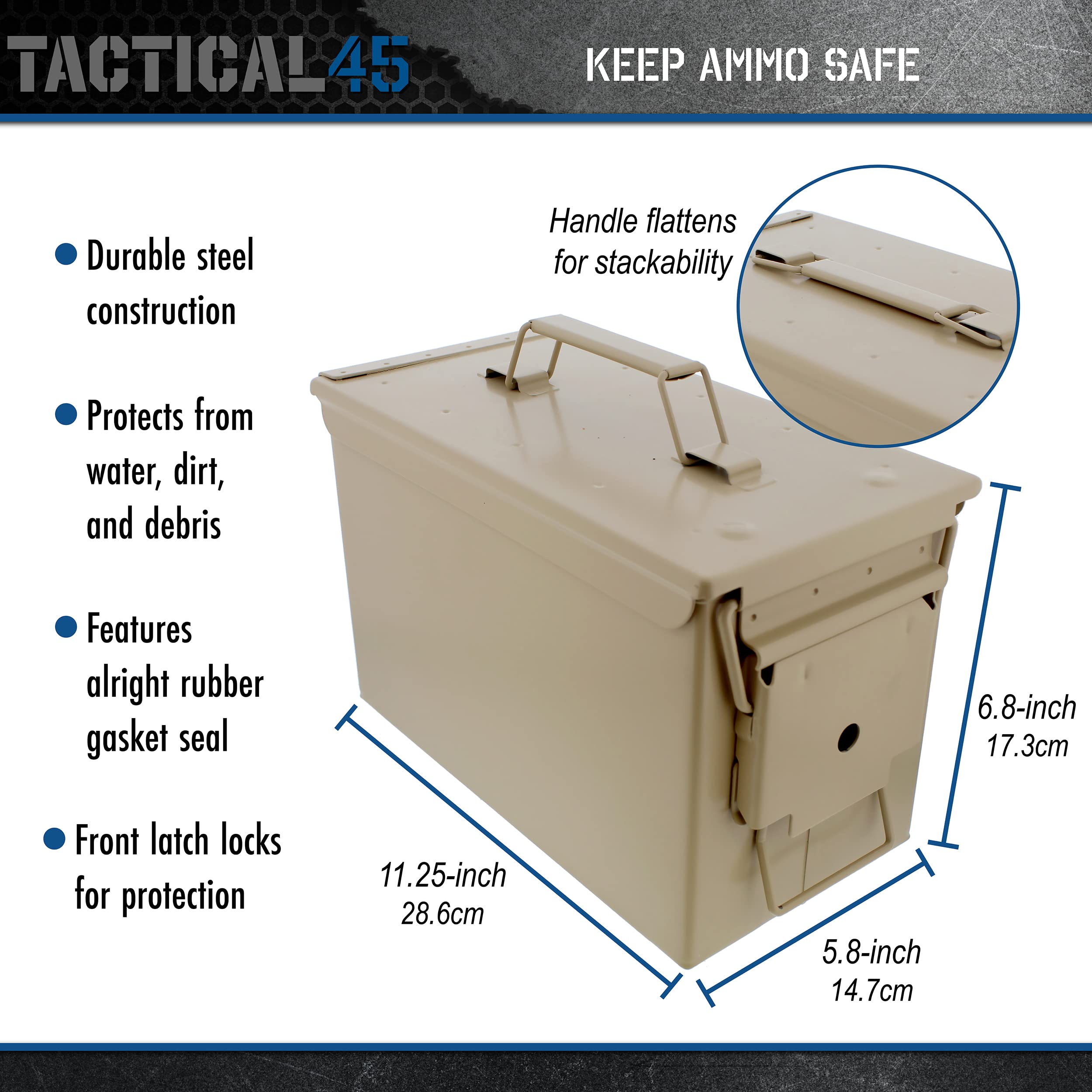 50 Cal Tan Metal Ammo Box 4-Pack - Heavy Duty Ammo Storage Containers with Secure Lids for Military, Hunting & Home Organization - Perfect for Gun Range, Survival Kits & Outdoor Adventures