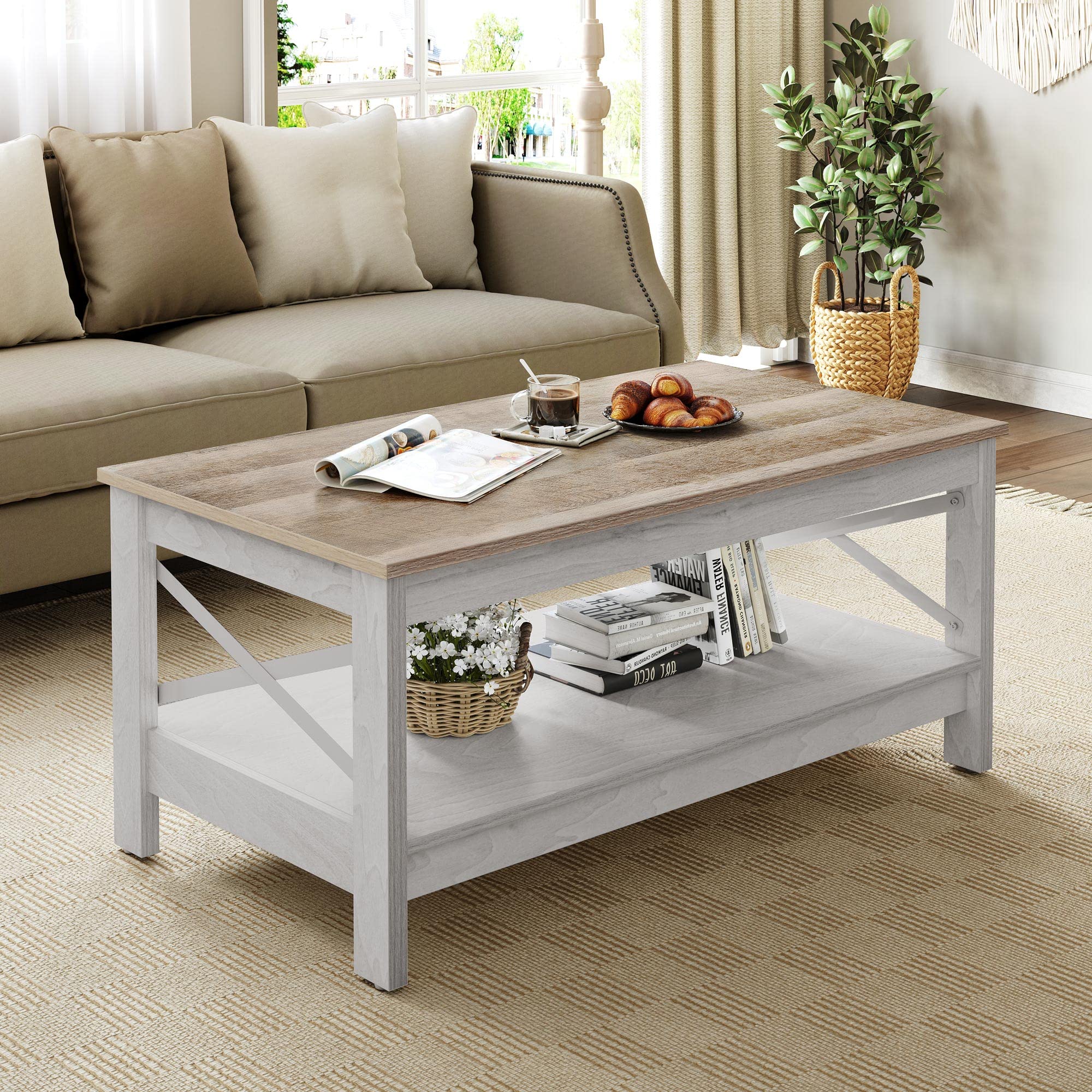 Modern Farmhouse Coffee Table with Storage - 2-Tier Wooden Living Room Center Table, Grey Wash, Sturdy Frame | Accent Cocktail Table for Living Room, Farmhouse Decor, Small Space Furniture