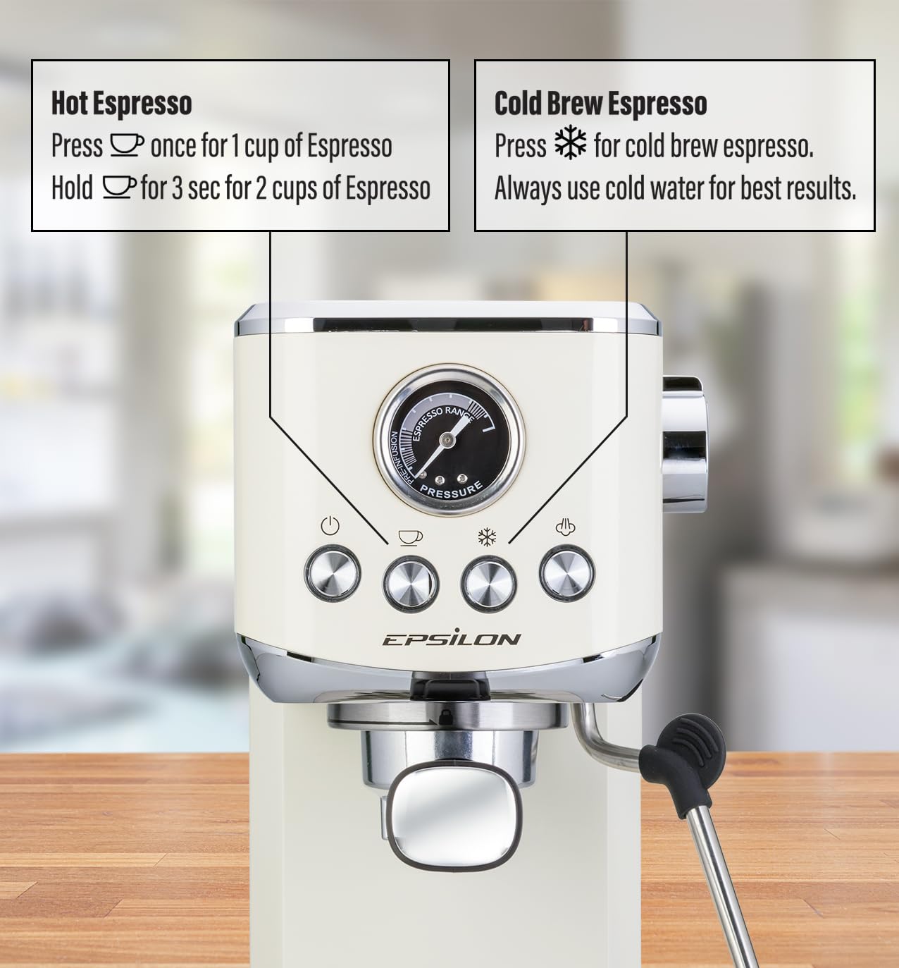 Premium Epsilon 20-Bar Espresso Coffee Machine with Milk Frother & Steam Wand - Compact Stainless Steel Coffee Maker for Hot/Iced Coffee & Cold Brew - 1.2L Removable Water Tank - Perfect for Home, Office & Small Cafes
