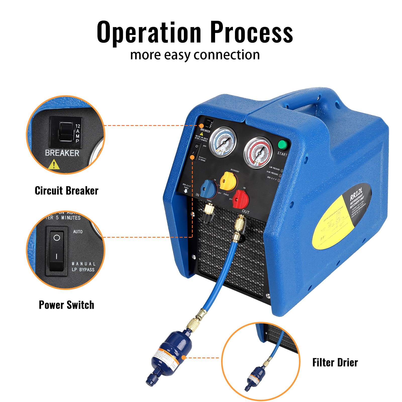 1/2HP 110V Portable Oil-Less Refrigerant Recovery Machine - Dual Cylinder for Liquid Refrigerant Recycling - Perfect for Automotive AC Repair & HVAC System Maintenance - Use in Auto Shops, HVAC Services & Refrigeration Maintenance