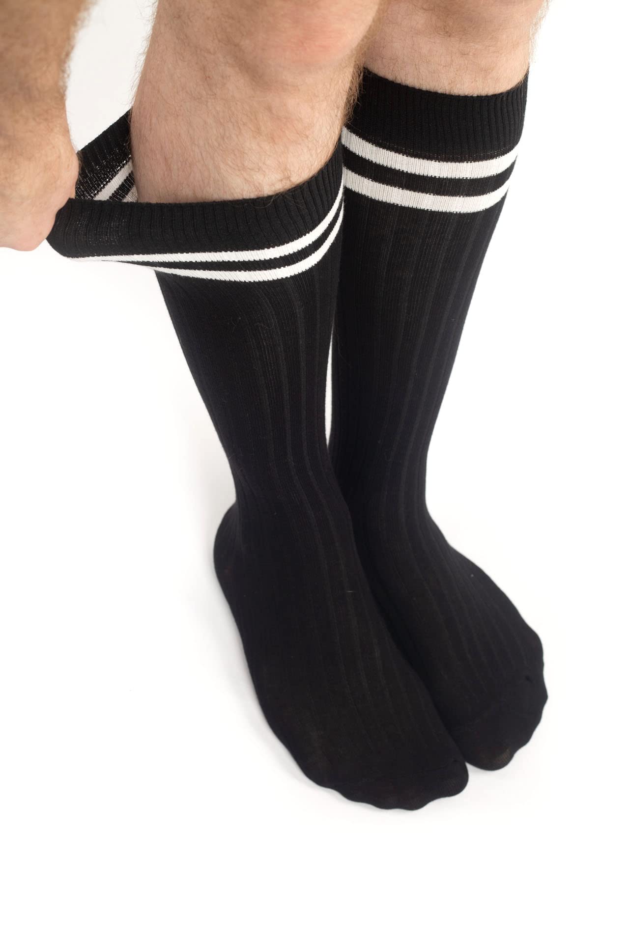 4 Pack Men's Knee High Cotton Striped Dress Socks - Over The Calf Formal Socks for Business & Office (Size 9-11) - Perfect for Work, Dress Shoes & Professional Outfits