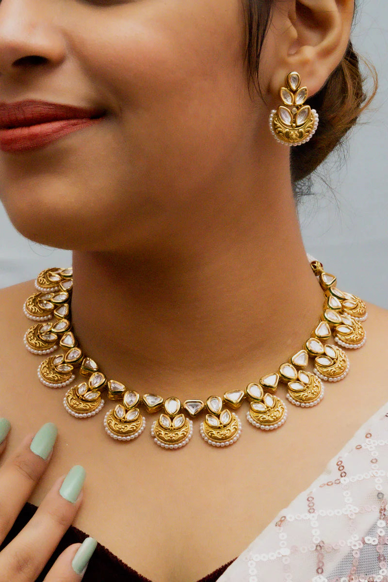 Exquisite Gold Plated Royal Kundan Necklace Set with Matching Earrings | Indian Bridal Jewelry for Weddings, Parties & Special Occasions