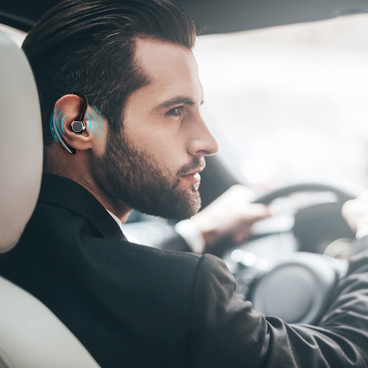 Premium Bluetooth 4.1 Wireless Car Headset with Noise-Canceling Mic & CVC 6.0 Technology - 280H Battery Life for Long Calls - Ideal for Office Work, Driving & Remote Meetings (Silver)