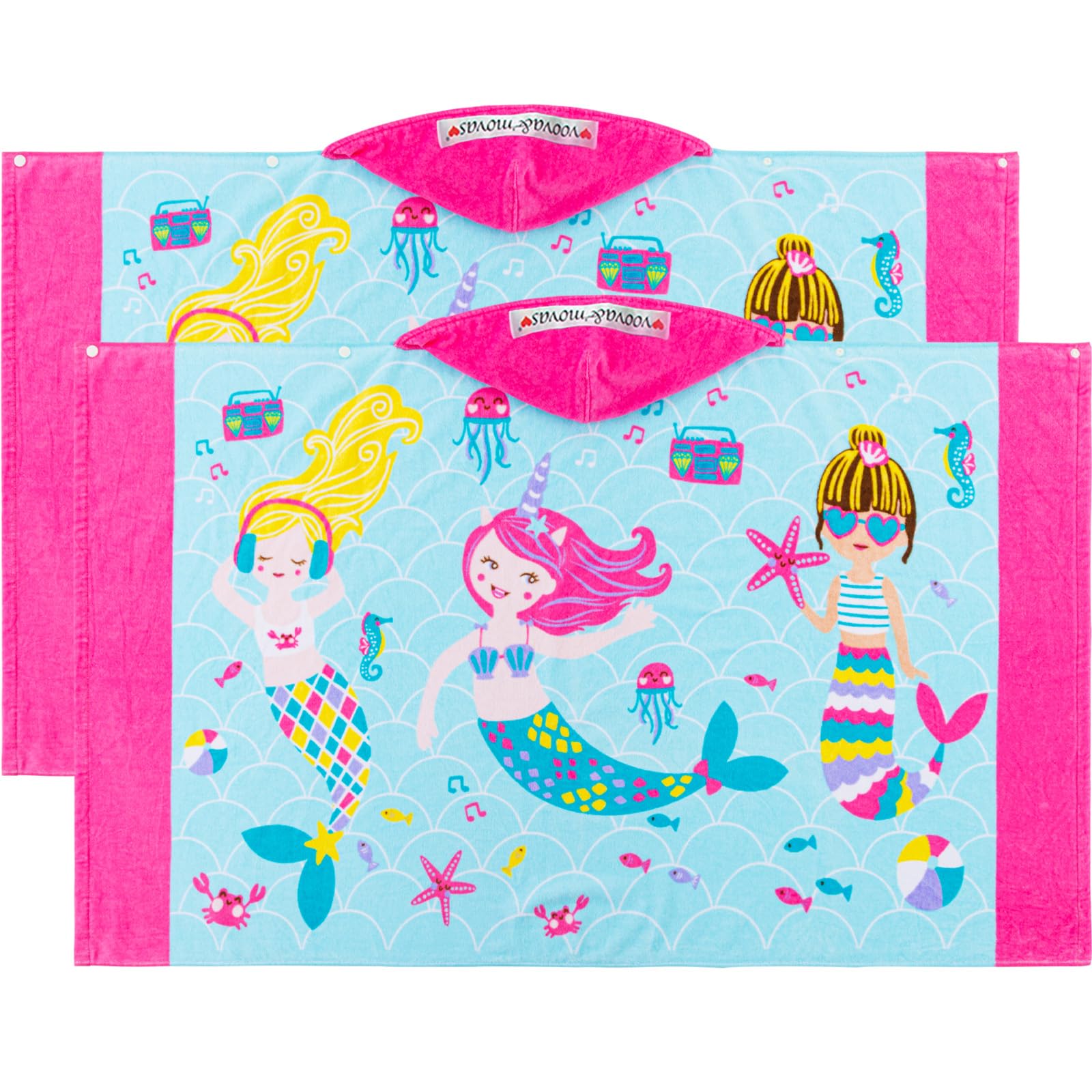 VOOVA & MOVAS 2-Piece Kids Hooded Towel Set | 30''x50'' Oversized Bath Towels with Hood & Cotton Bathrobe for Toddlers 3T-10 Years | Mermaid Theme for Swimming, Beach, Birthday Gifts & Baby Shower