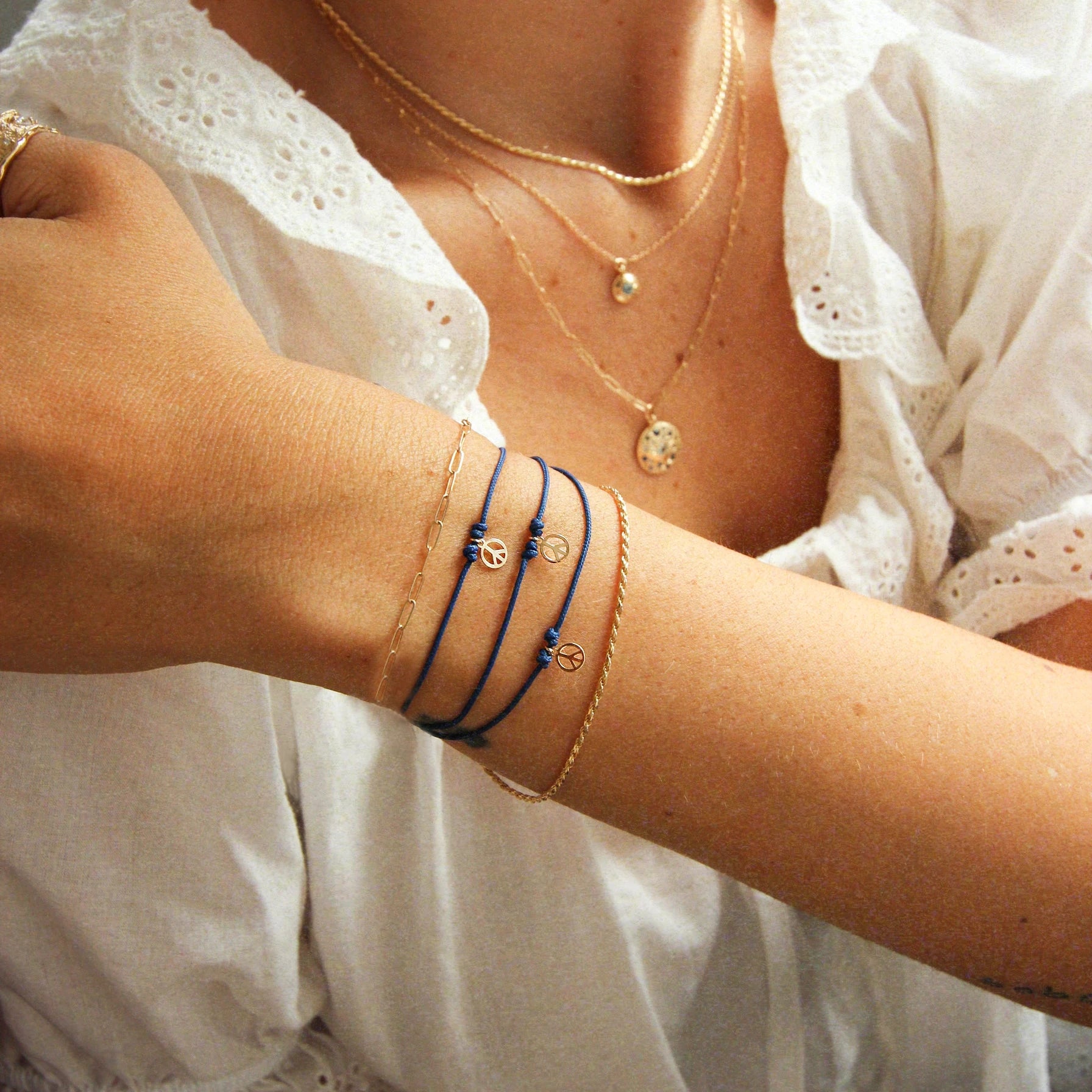 10K Yellow Gold Tie Dye Moonchild Contemplation Cord Bracelet with Blue Cord - Perfect for Yoga, Meditation & Boho Fashion
