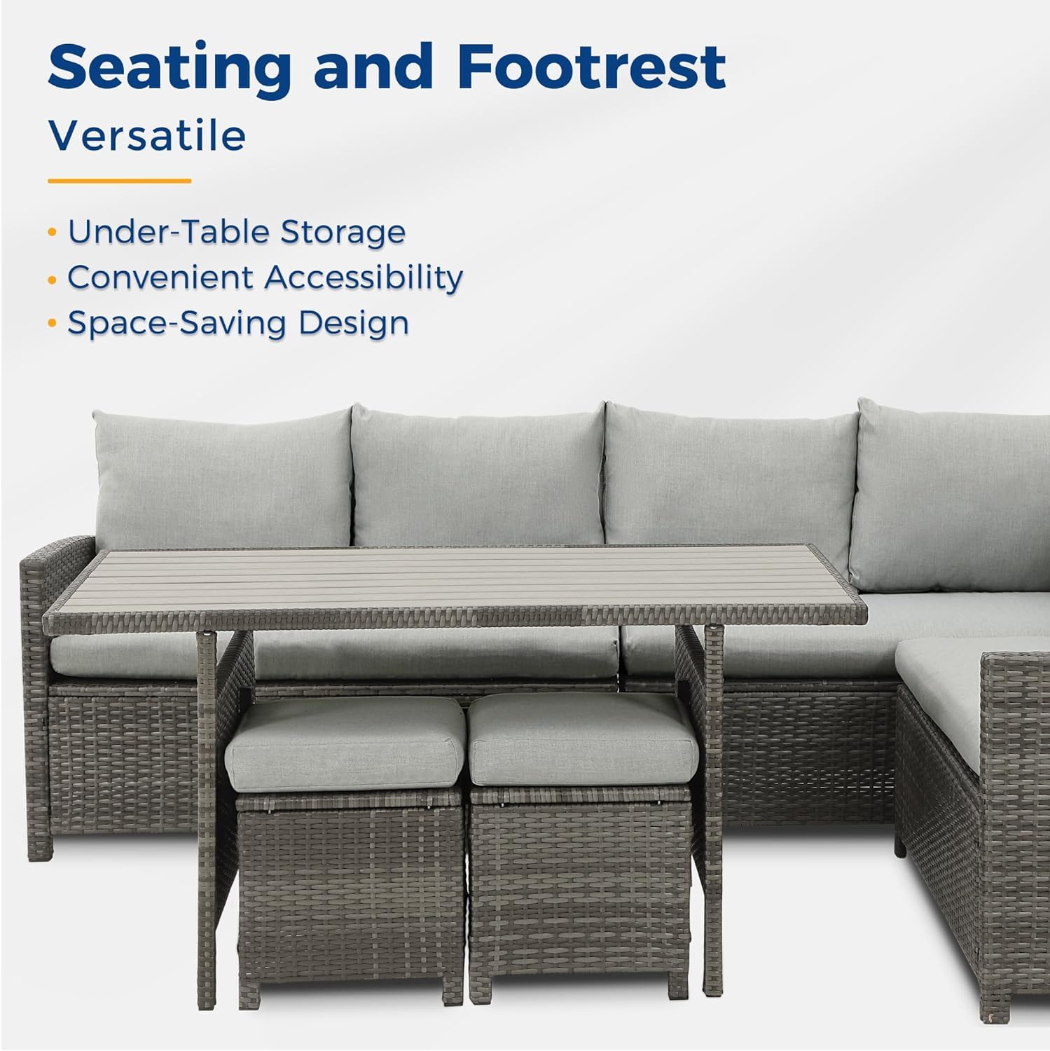 7-Piece Wisteria Lane Patio Furniture Set - All-Weather Wicker Outdoor Dining Sectional Sofa with High Curved Back, Dining Table, Chairs & Ottoman in Gray - Perfect for Backyard, Garden, Poolside & Outdoor Entertaining