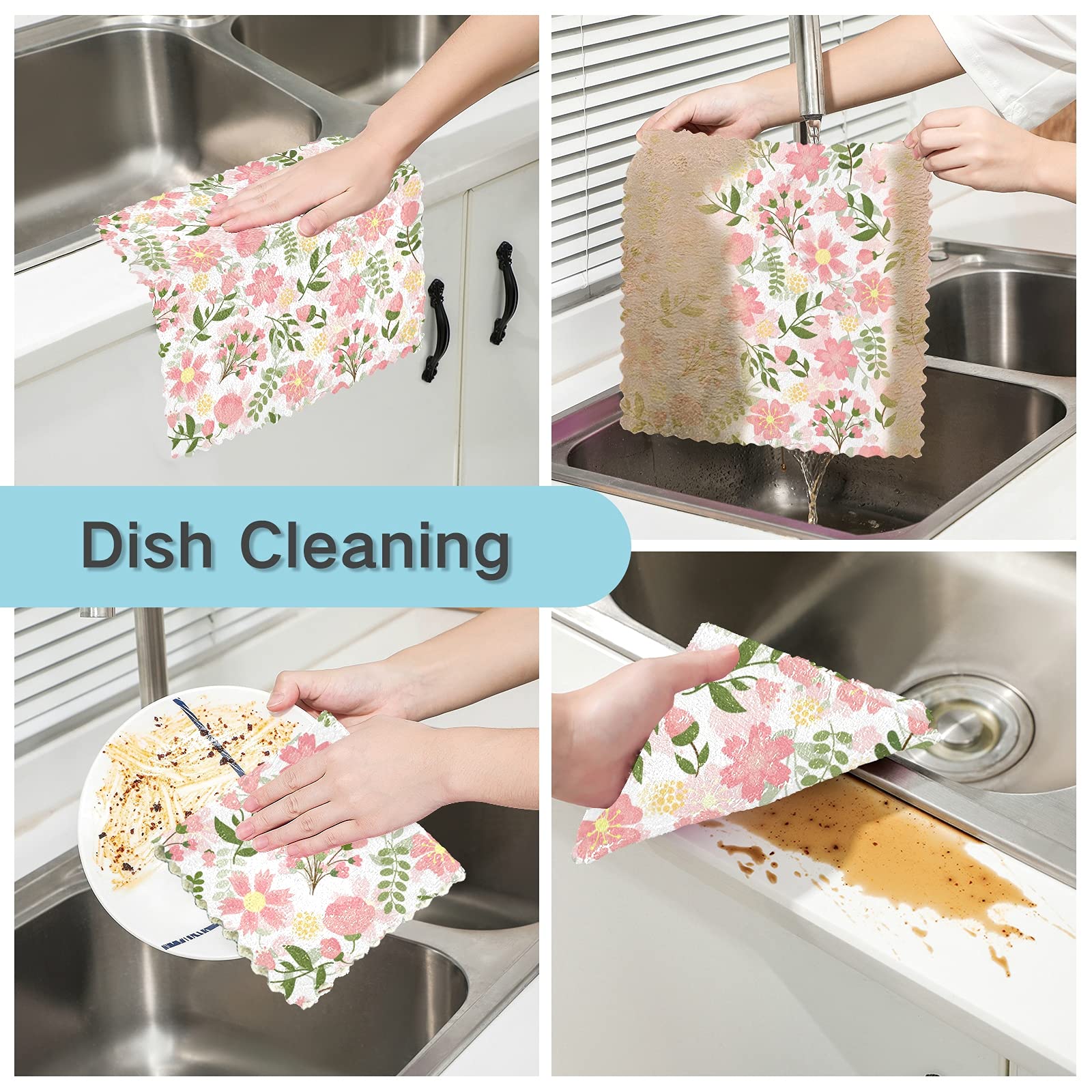 6 Pack Spring Floral Dish Cloths - Super Absorbent Reusable Kitchen Towels for Washing Dishes, Cleaning Counters & Drying Hands | Soft Cotton Dish Rags for Daily Kitchen Use, Housewarming Gifts & Spring Home Decor