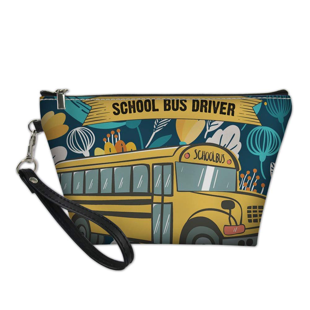 UNICEU Women's Travel Toiletry Bag - Waterproof PU Leather Makeup Pouch with Zipper, Cute School Bus Print Design for Travel, Gym, School & Daily Use