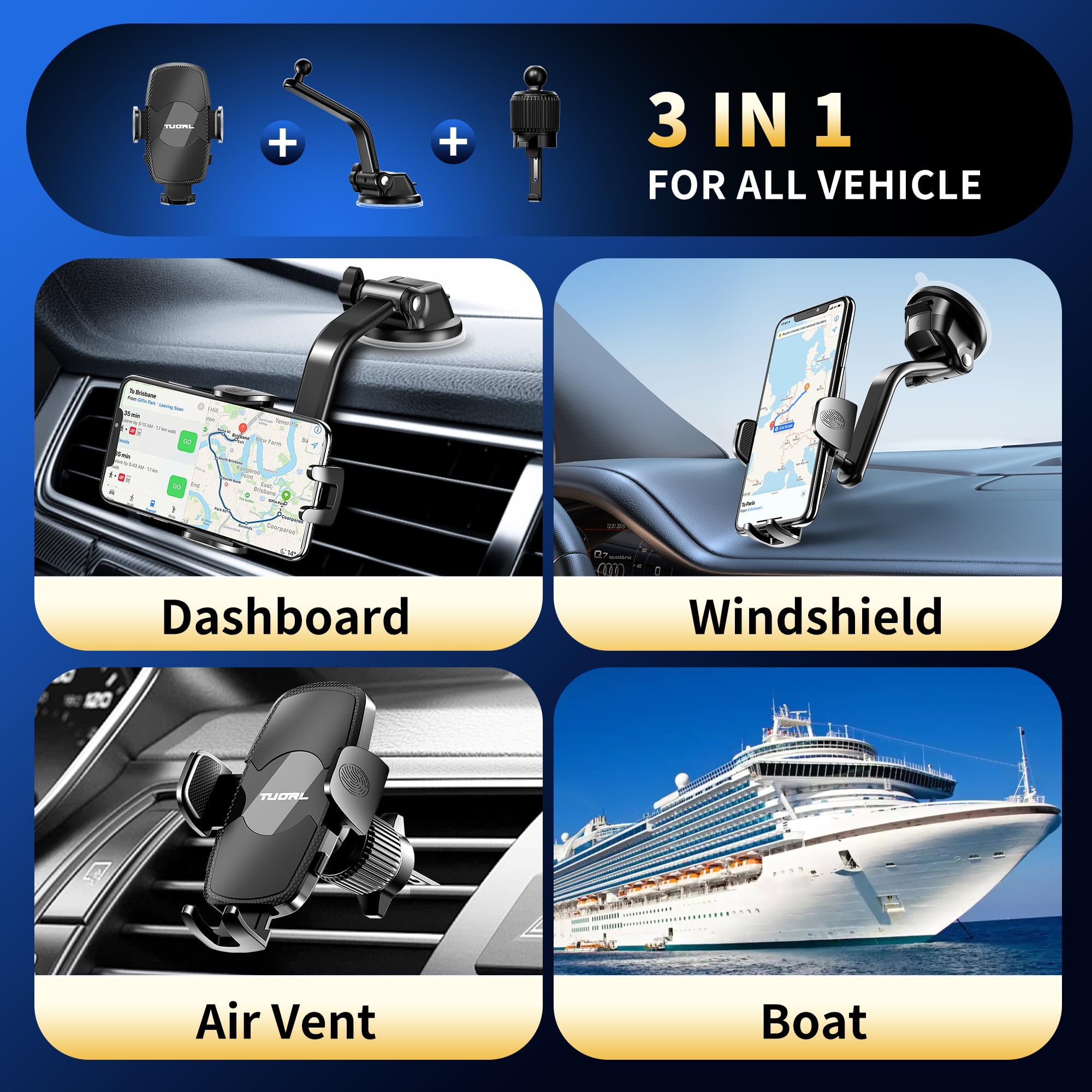 Universal Car Phone Mount Holder - 3 in 1 Air Vent/Dashboard/Windshield Mount for iPhone 15 14 Pro Max & Samsung Galaxy - Big Phone Friendly Hands-Free Driving Accessory for Safe Navigation & Commuting