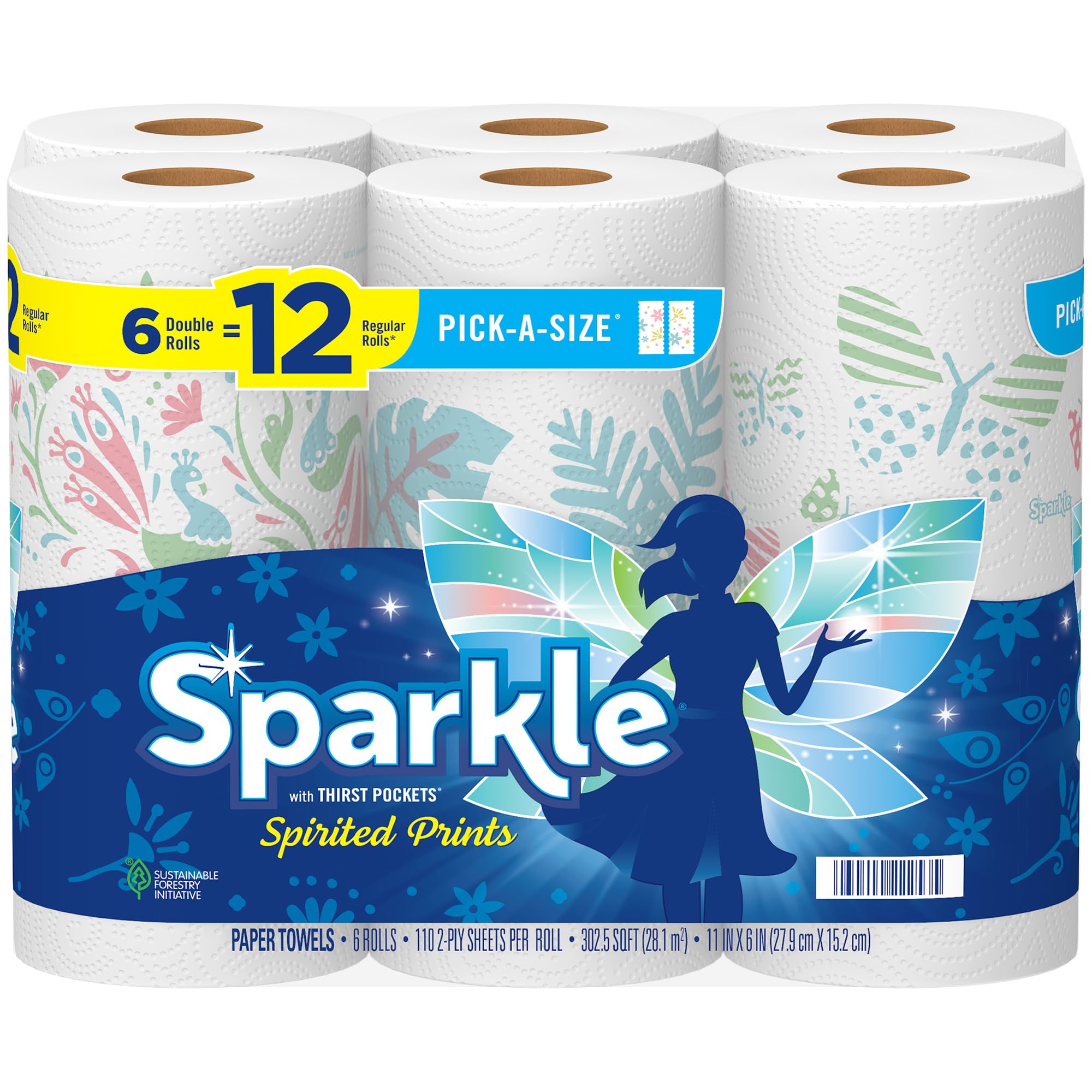 Sparkle Pick-A-Size Paper Towels | Spirited Prints | 6 Double Rolls (12 Regular Rolls) | Everyday Value with Full & Half Sheets | Perfect for Kitchen Cleaning, Spill Absorption & Household Use