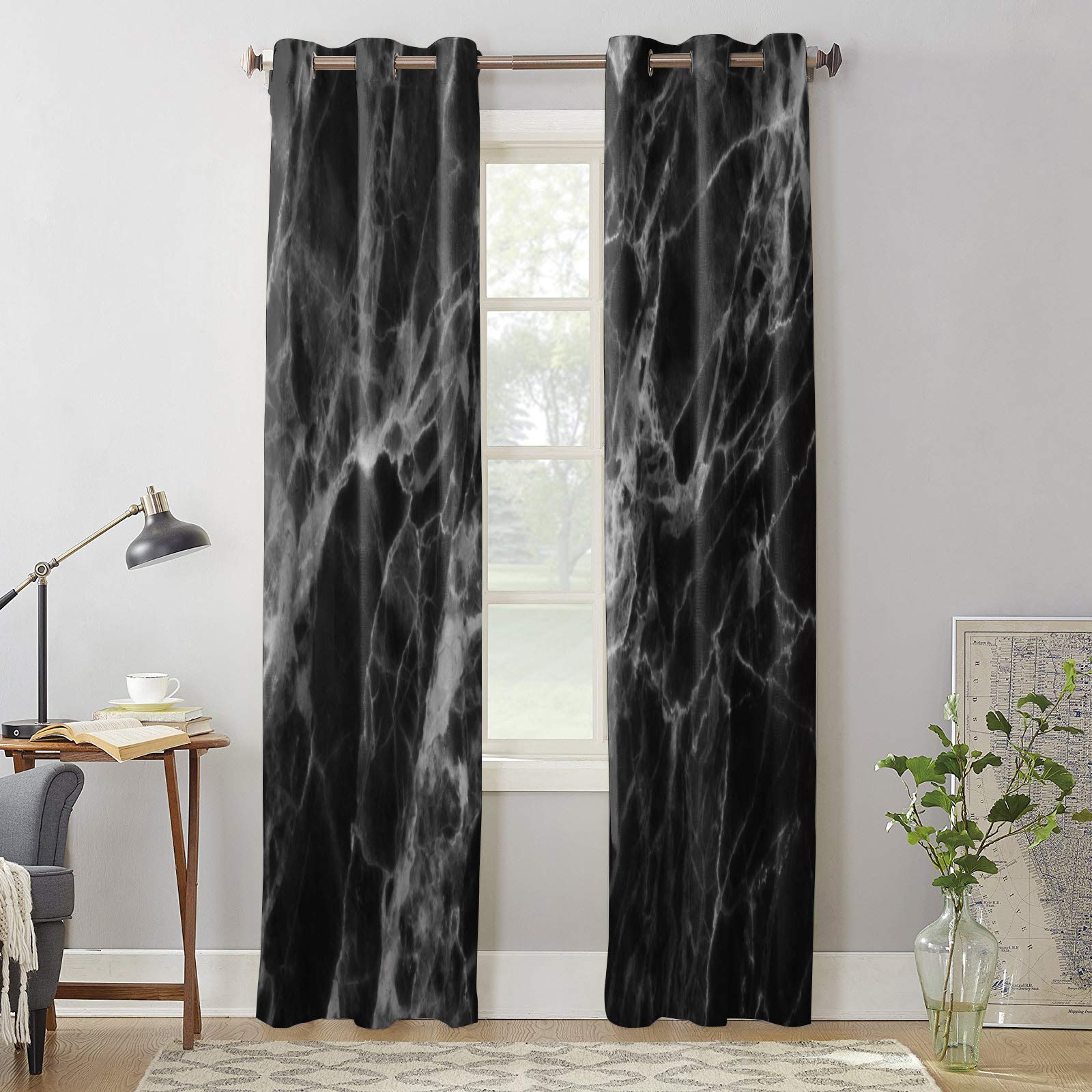 Black Marble Room Darkening Thermal Insulated Blackout Curtain Panels - 2 Pack, 40 x 84 Inch, Grommet Top Drapes for Living Room & Bedroom - Blocks Light, Reduces Noise & Saves Energy