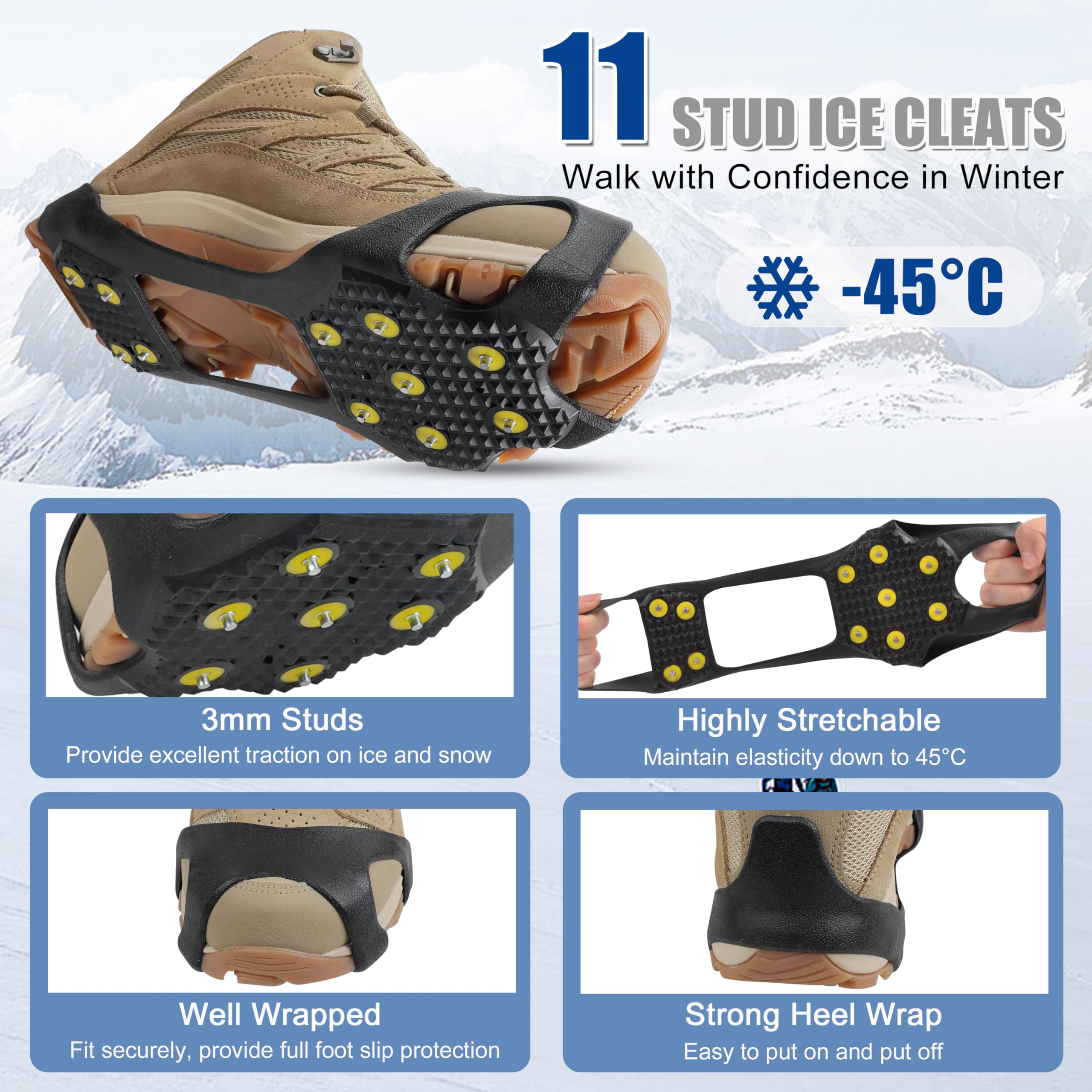 Ice Snow Cleats for Shoes & Boots - Non-Slip Traction Crampons for Men & Women - Winter Walking Safety on Ice & Snow - Perfect for Hiking, Commuting & Outdoor Activities