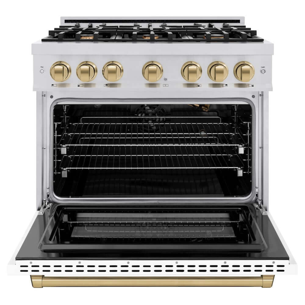 ZLINE Autograph Edition 36-inch 5.2 cu. ft. Stainless Steel Gas Range with 6 Burner Cooktop, Convection Oven, White Matte Door & Champagne Bronze Accents - Perfect for Professional Home Chefs & Modern Kitchens (HGRZ WM 36 CB)