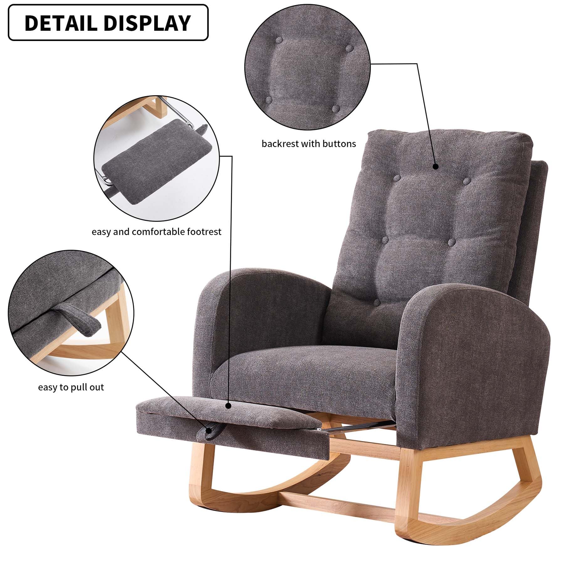Comfortable Accent Rocking Chair with Footrest & Side Pocket - Upholstered High Back Nursery Rocker with Rubber Wood Legs - Perfect for Living Room, Baby Nursery & Bedroom - Relaxing Armchair for Breastfeeding, Reading & Lounging (Gray)
