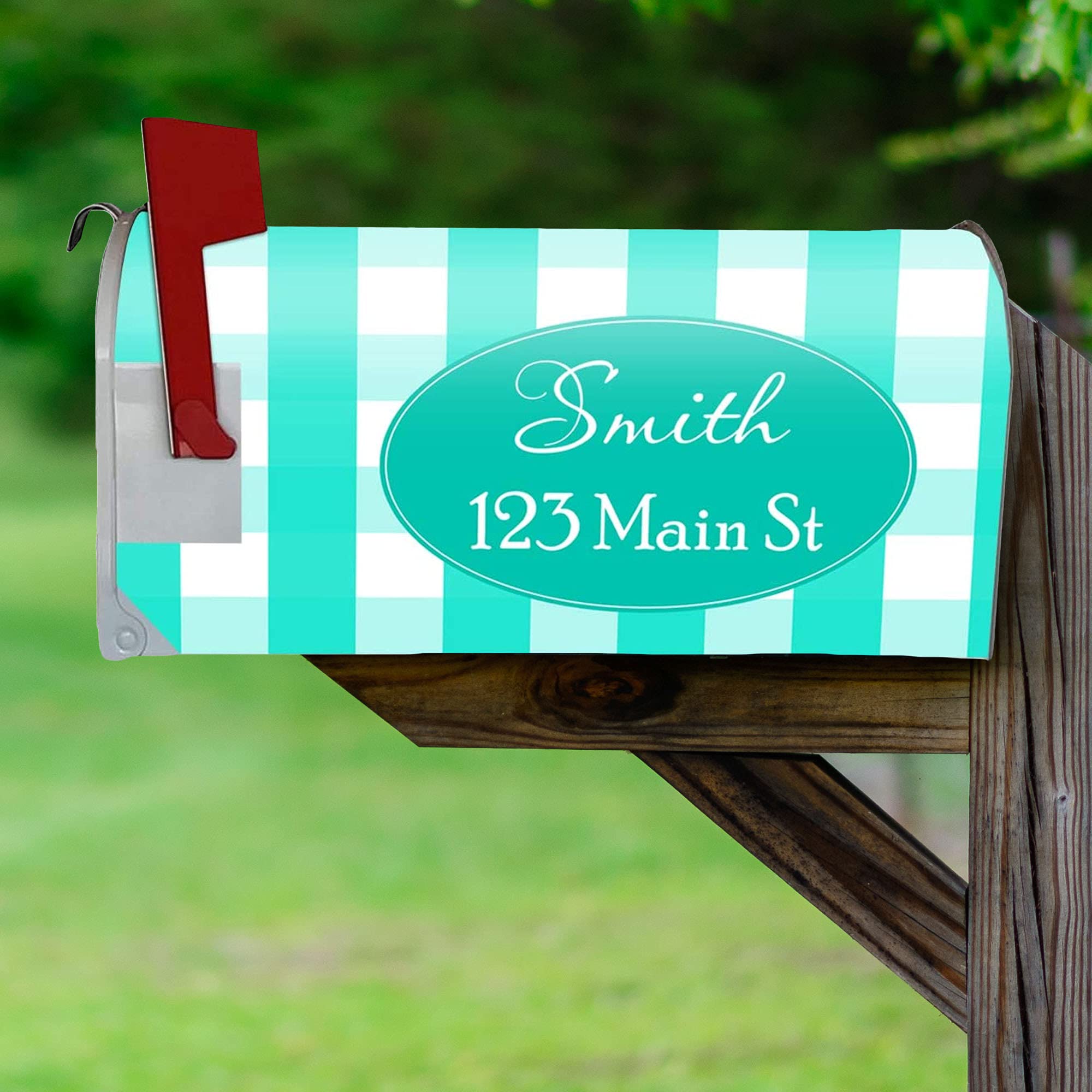 Custom Magnetic Mailbox Cover - Personalized Plaid Mailbox Decor with Strong Magnets - PMBM6 (Turquoise) | Weatherproof Mailbox Accessory for Home, Garden & Front Yard Decoration