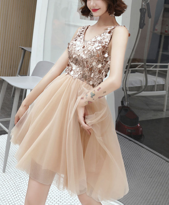 Champagne V-Neck Tulle Sequin Short Prom Dress for Women - Sparkly Homecoming Party Dress for Teen Girls - Perfect for Prom Night, Homecoming Dance & Special Occasions
