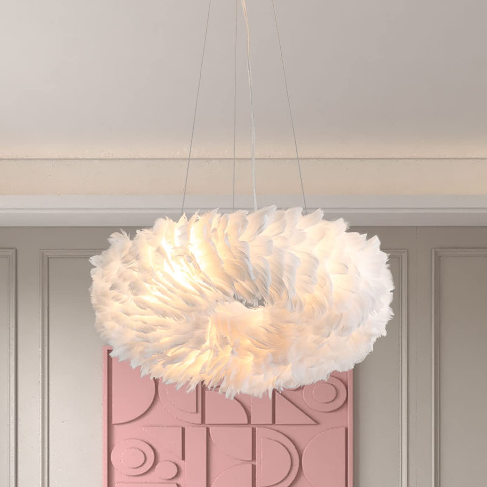 Maxax 6-Light Feather Pendant Chandelier - Modern Nordic Ceiling Light with White Shade for Bedroom, Living Room & Girls Room | Romantic Ambiance Lighting for Dining Areas & Home Decor