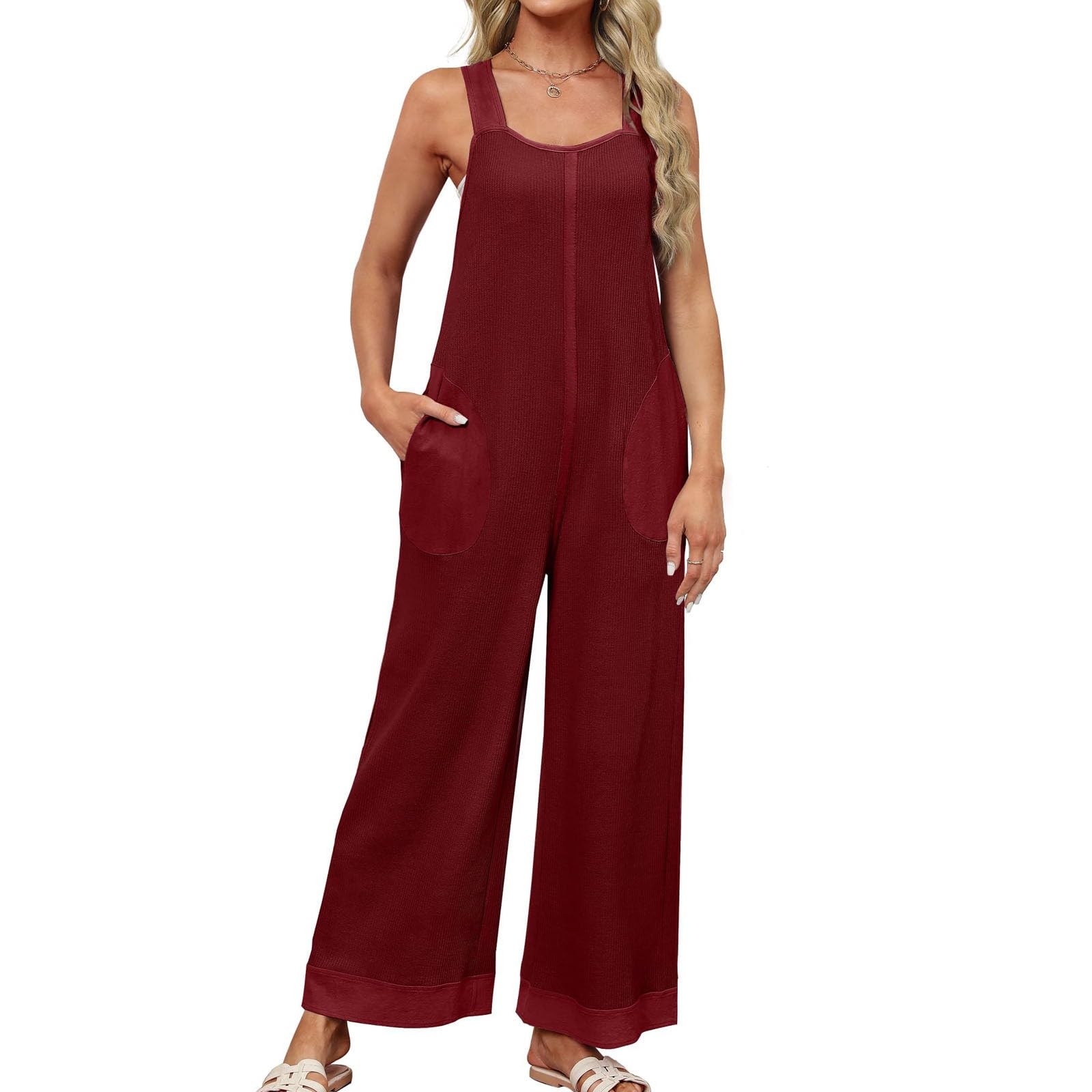 Stylish Women's Sleeveless Jumpsuit with Pockets - Casual Wide Leg Romper Overalls for Women - Loose Fit Comfortable Outfit for Summer, Beach, or Daily Wear