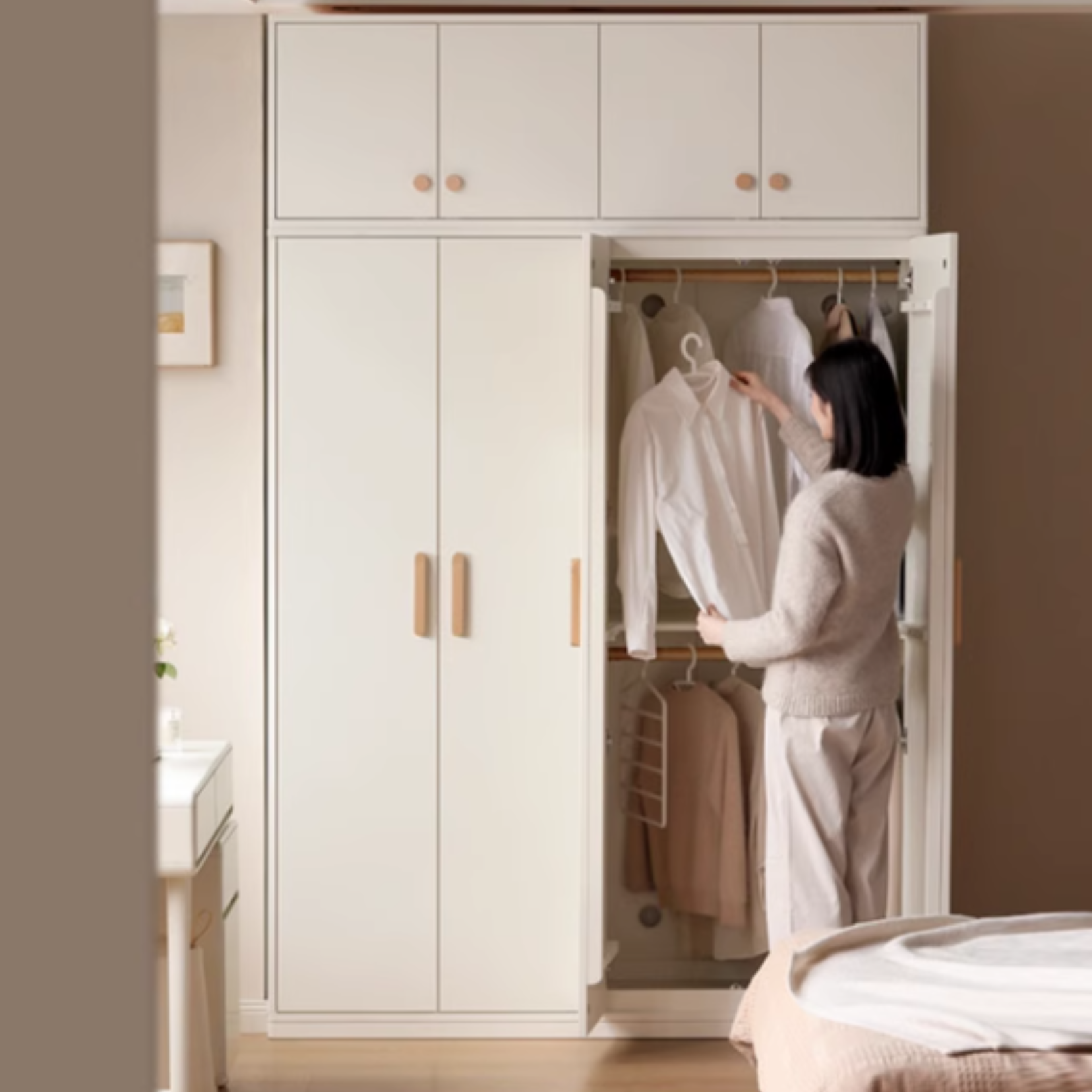 Pine Solid Wood Wardrobe - Cream Style Modern Closet for Bedroom, Living Room & Office Storage