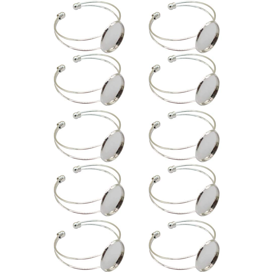 10 Pcs 25mm Adjustable Round Cabochon Bezel Tray Blank Bangle for DIY Jewelry Making - Silver - Perfect for Crafting Bracelets, Earrings & Pendants