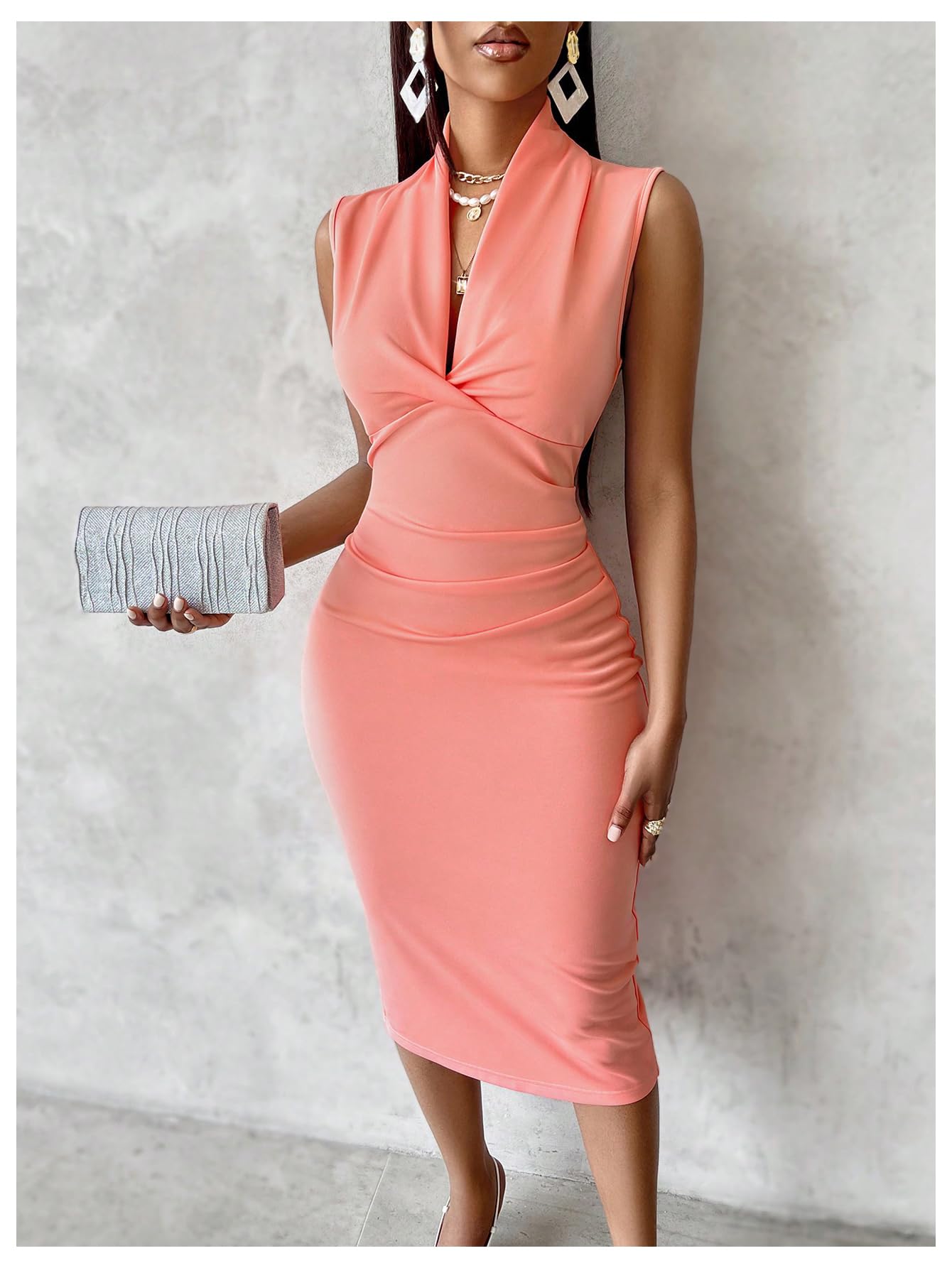 Milumia Women's Sleeveless Ruched Mock Neck Wrap Bodycon Midi Dress with High Slit - Perfect for Cocktail Parties, Date Nights & Evening Events