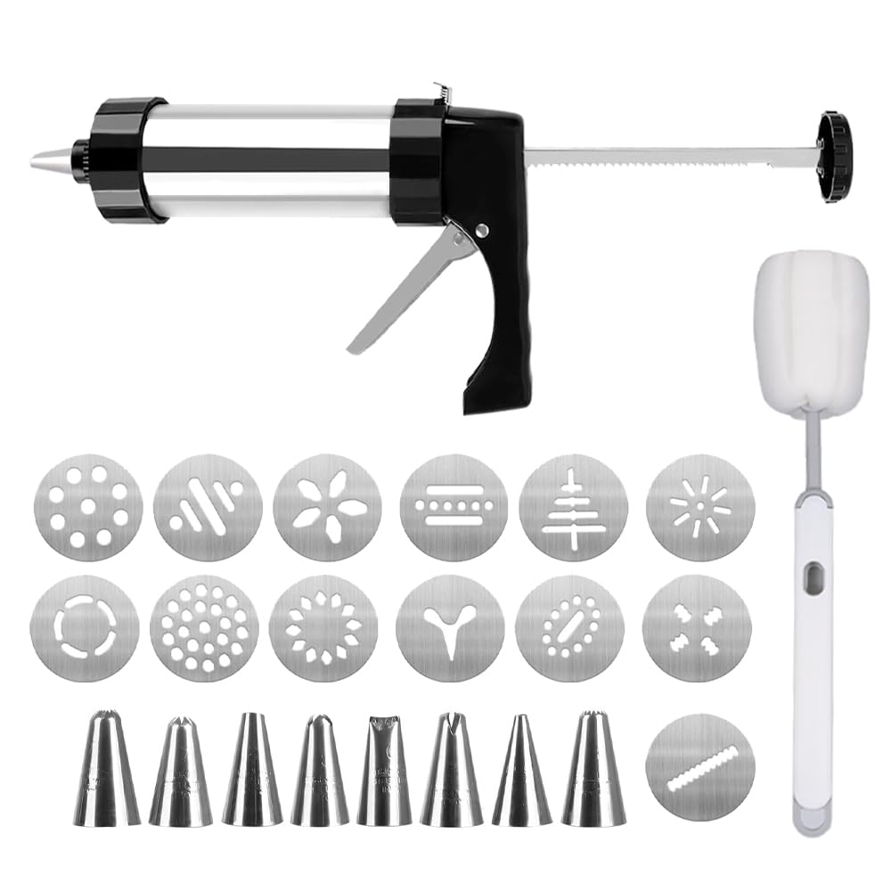 Stainless Steel Cookie Press Gun Kit with 13 Discs & 8 Tips - for Baking, DIY Biscuits & Cake Decorating