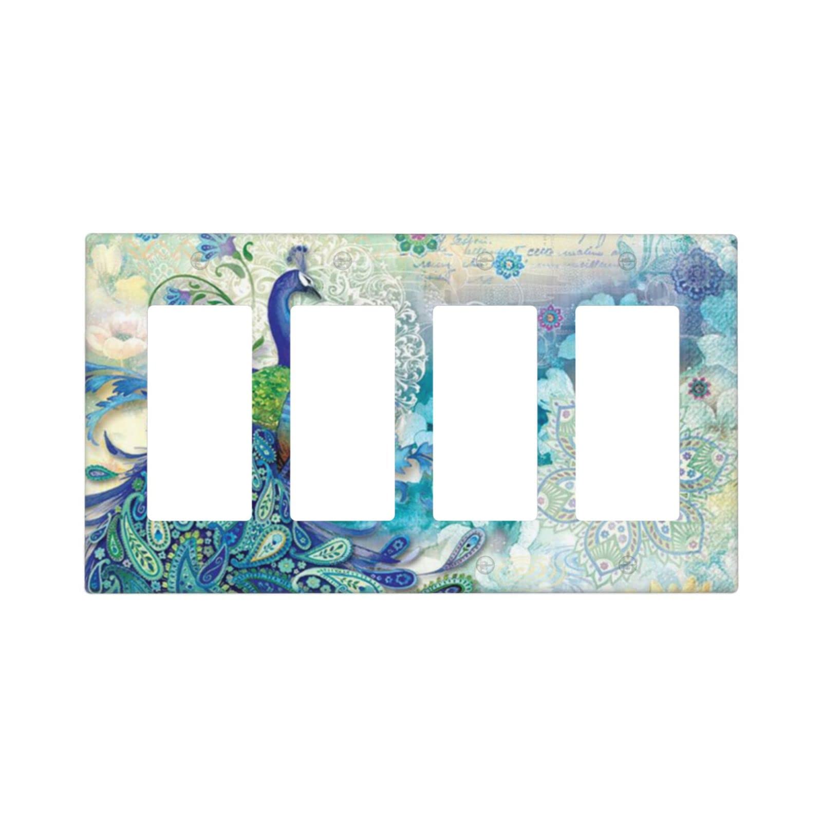Peacocks and Flowers 4-Gang Rocker Light Switch Cover Plate - Decorative Plastic Wall Plate for Electrical Outlets - Perfect for Bedroom, Bathroom & Kitchen Decor | Home Improvement & Interior Design