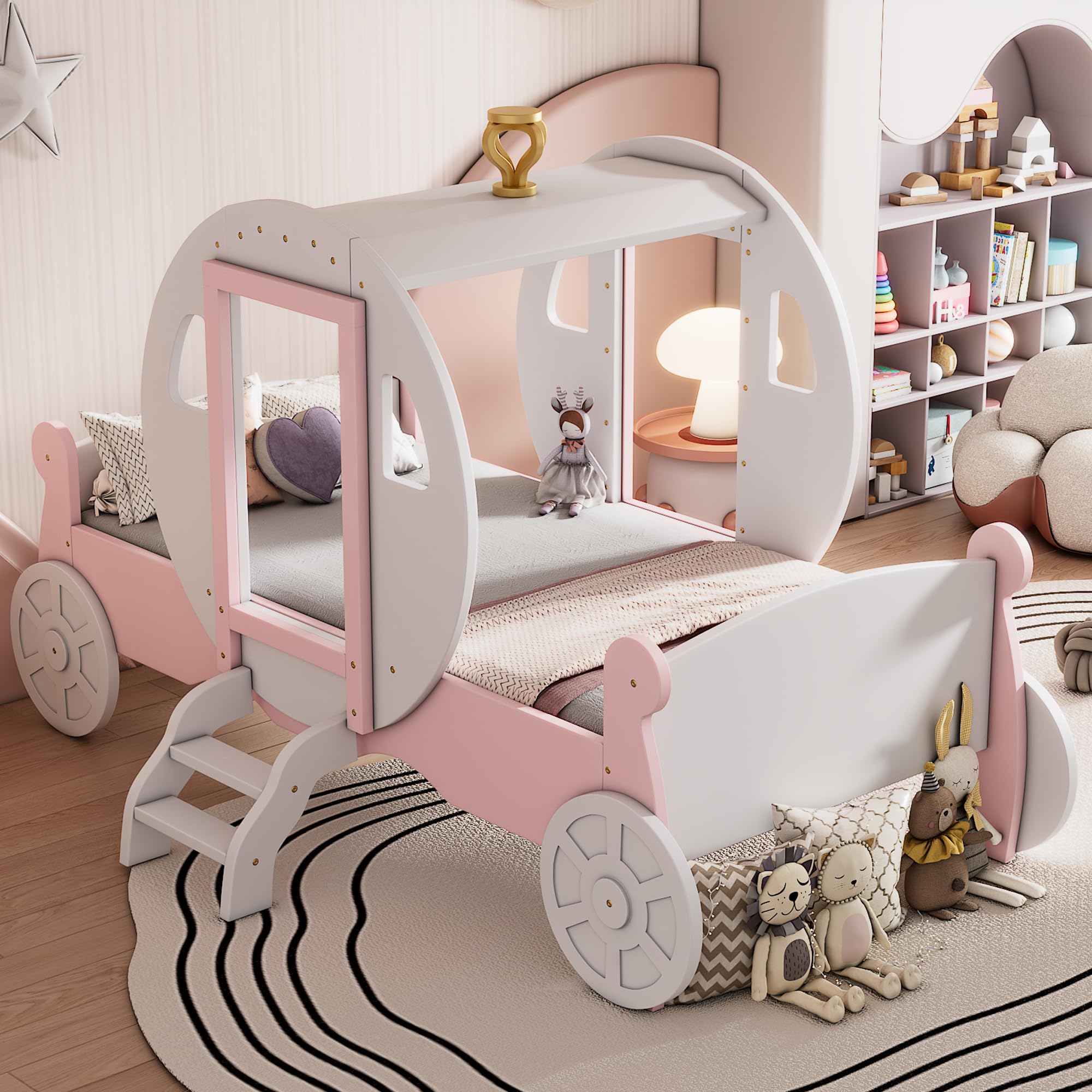 MERITLINE Twin Size Princess Carriage Bed for Girls - Wooden Canopy Bed with Crown Design, Kids Twin Platform Bed Frame for Girls & Boys (White & Pink) - Perfect for Bedroom Decor, Fairy Tale Themed Rooms & Toddler Sleep Spaces