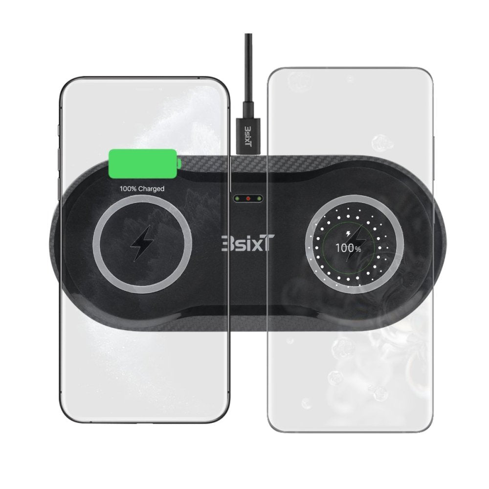 3sixT Elfin Dual 10W Fast Wireless Charger with AC Adapter - Qi Certified for iPhone, Samsung Galaxy, AirPods - Perfect for Home, Office, and Travel Charging