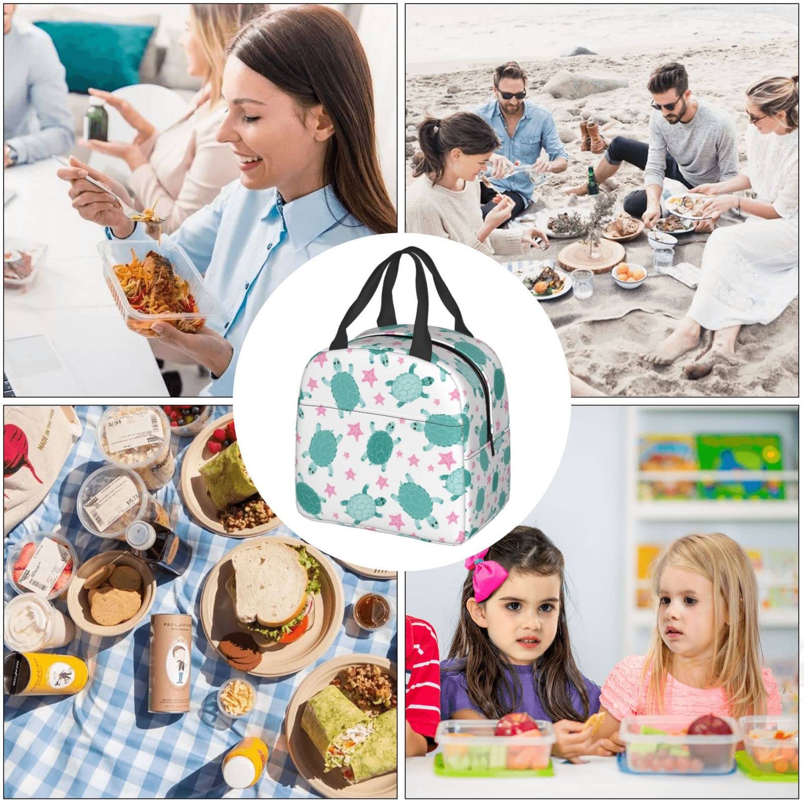 Insulated Lunch Box with Summer Turtle & Starfish Pattern - Reusable Meal Container for School, Work, Travel & Picnic | Portable Tote Bag for Teens, Boys & Girls