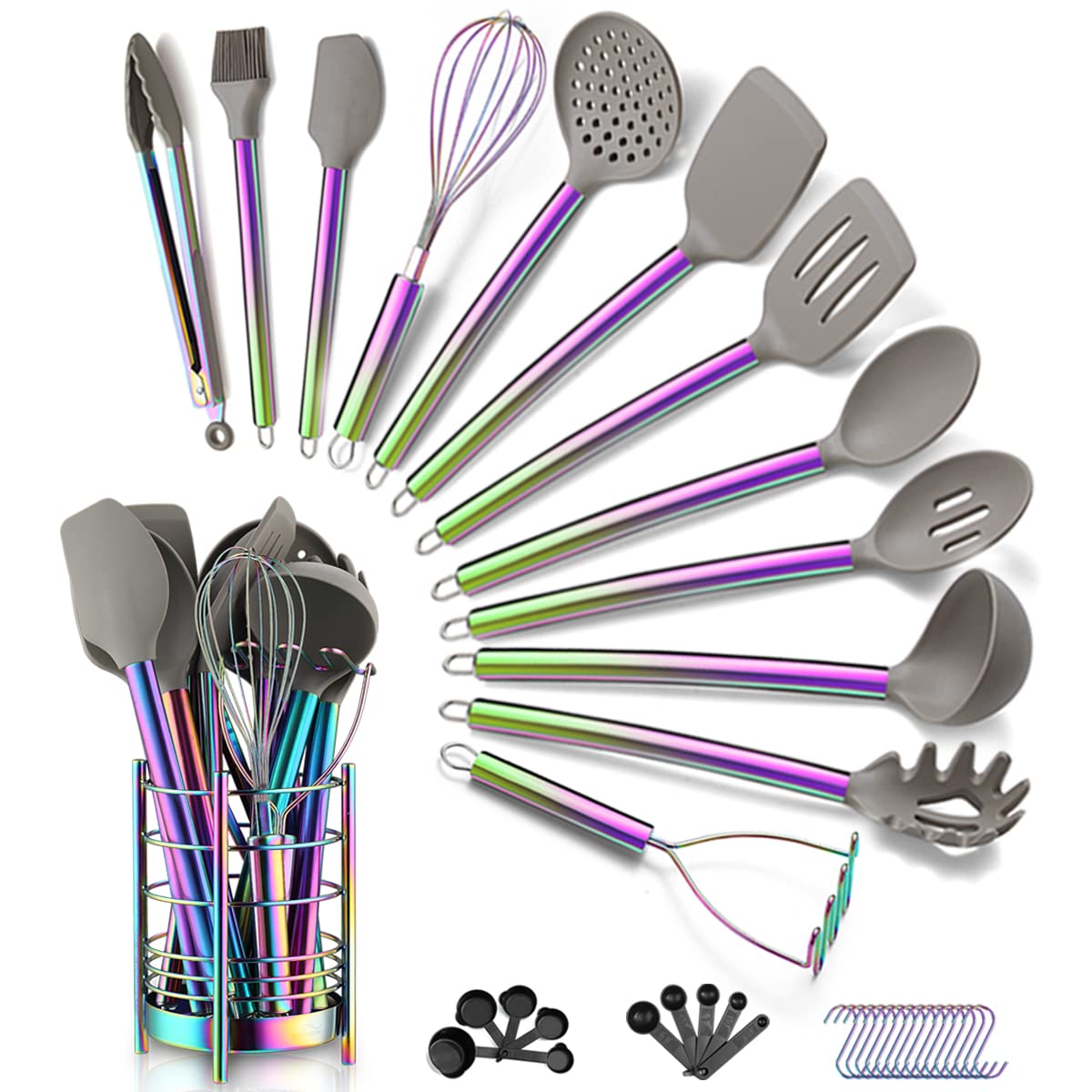 38-Piece Silicone Kitchen Cooking Utensils Set with Holder - Heat-Resistant Non-Stick Cookware Tools with Stainless Steel Handles & Silicone Heads - Dishwasher Safe Rainbow Color for Baking, Grilling & Everyday Cooking