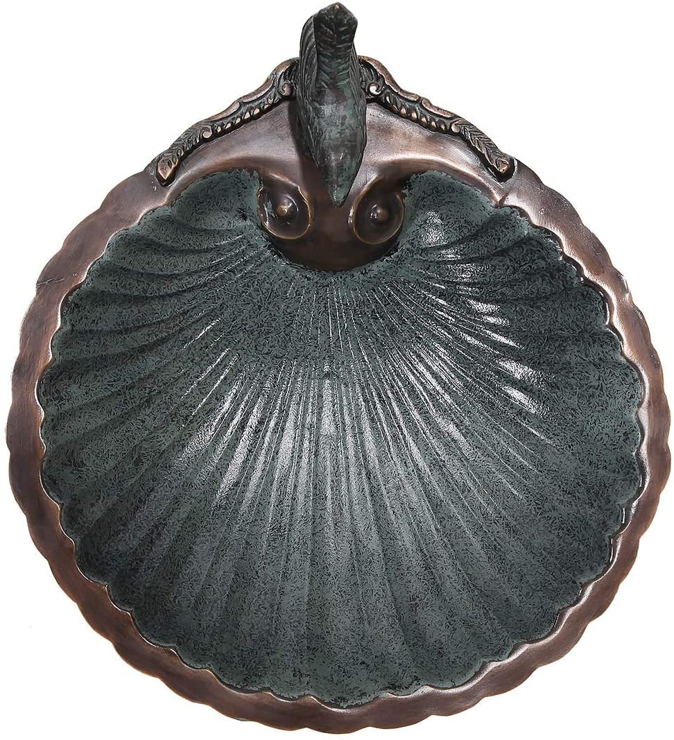 BBM-01-TR Antique Brass Plated Scallop Shell Birdbath with Tripod Stand - Outdoor Garden Decor for Birds, Patio & Backyard