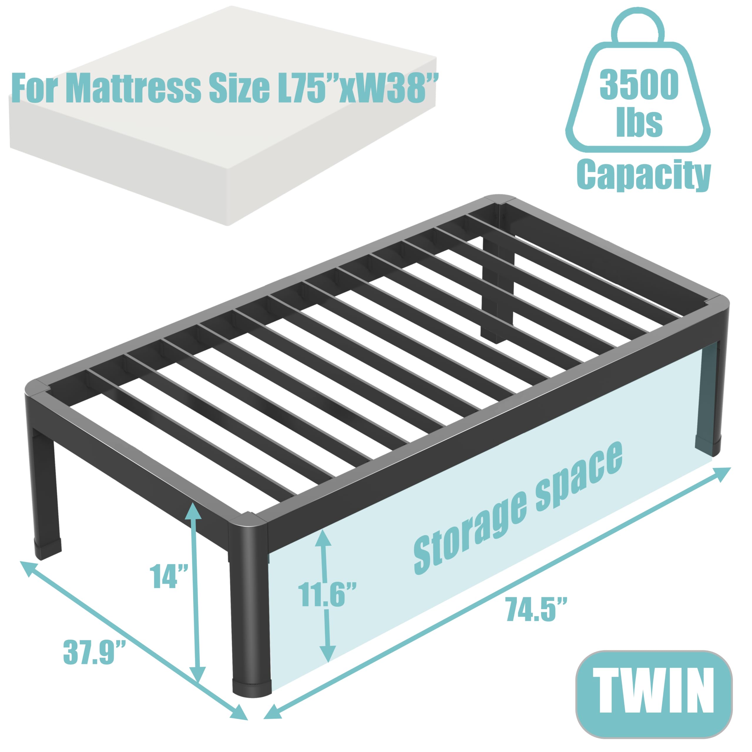 Sturdy 14 Inch Twin Metal Bed Frame with Round Corner Edge Legs - Heavy Duty 3500 lbs Capacity, No Box Spring Needed, Noise Free & Non-Slip Design with Steel Slat Support - Perfect for Kids Rooms, Guest Beds & Small Spaces