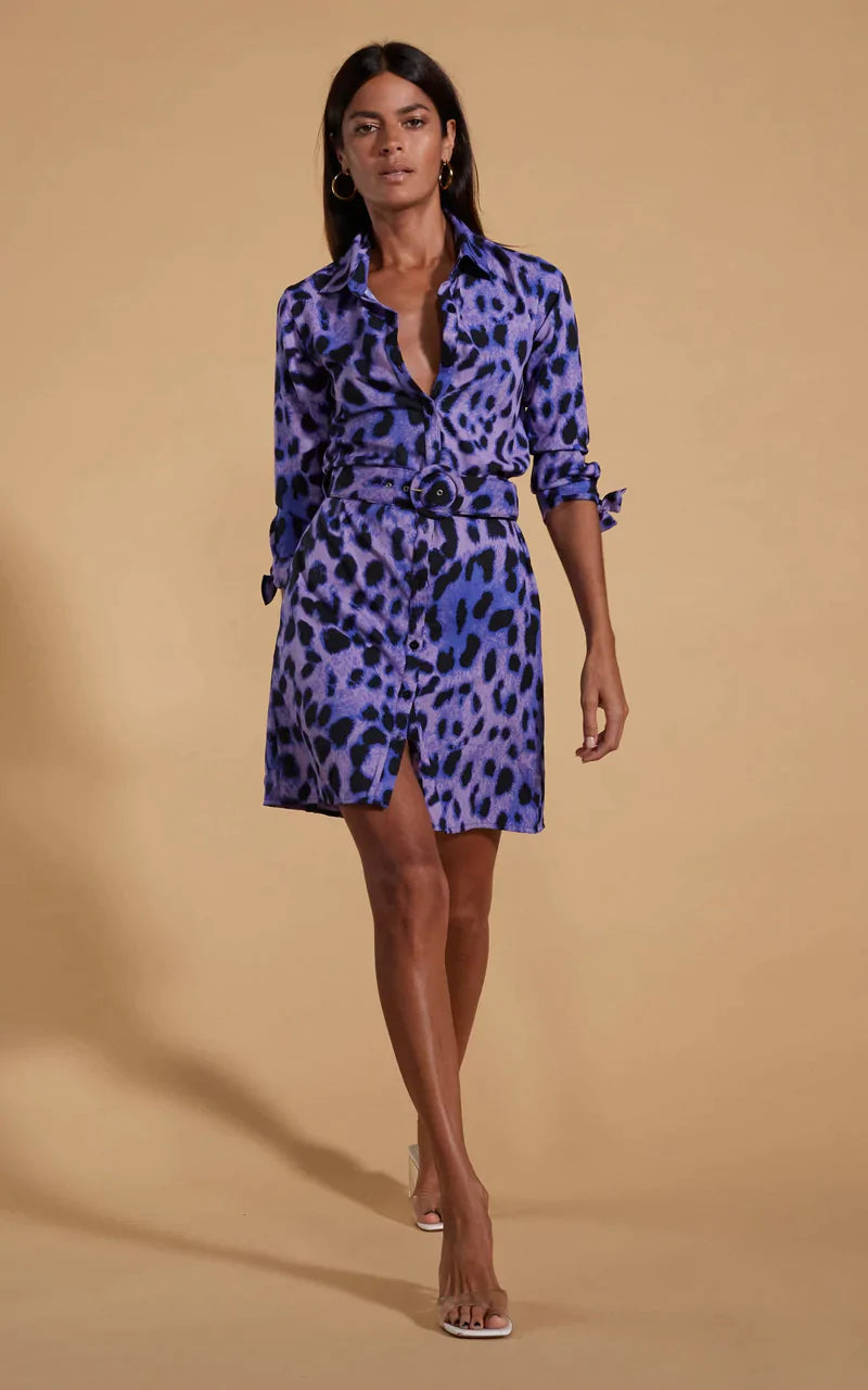 Jonah Mini Shirt Dress - Women's Floral Print Short Sleeve Casual Dress (Lilac Leopard) for Summer Outfits, Date Night & Vacation Wear
