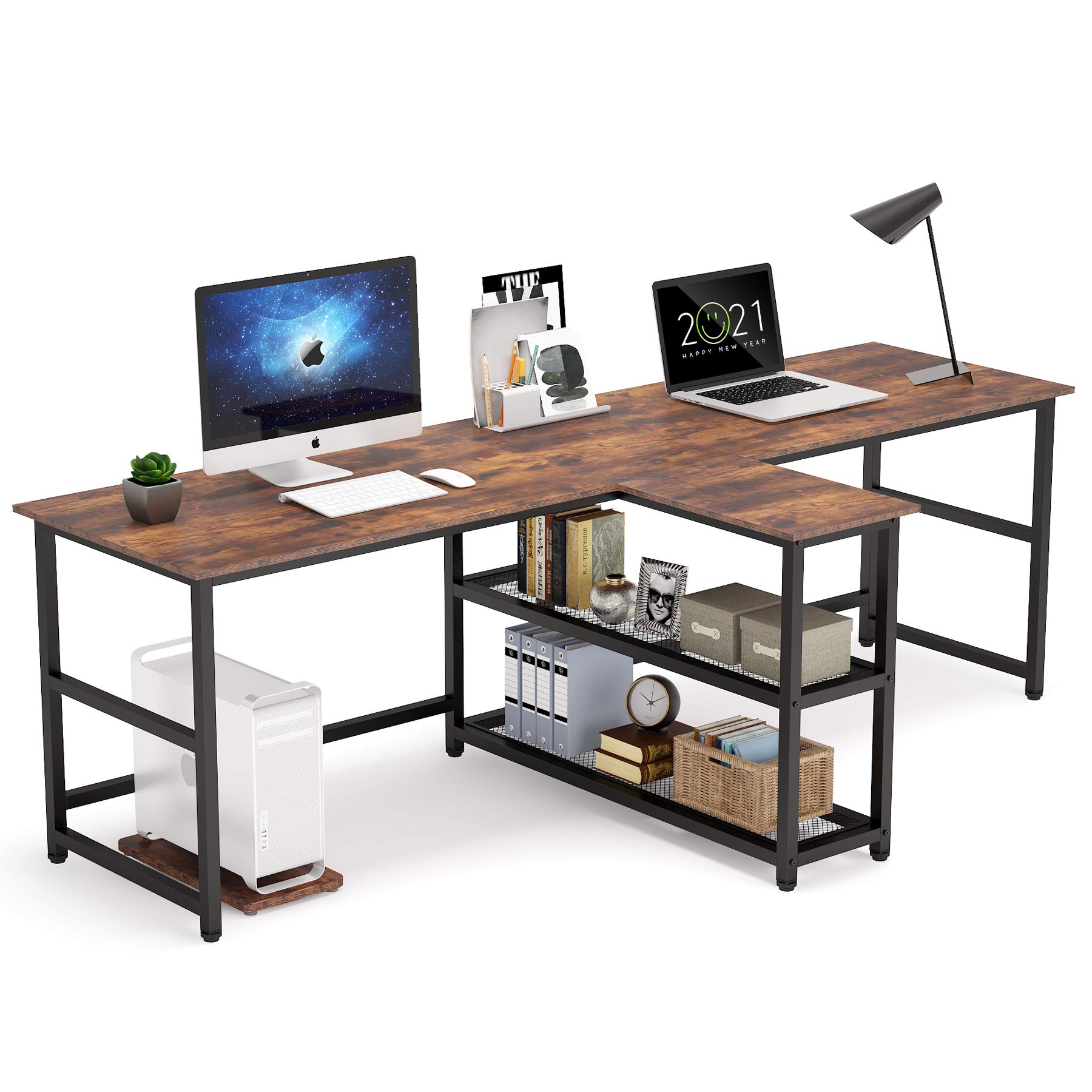 Tribesigns 90.5 Inch Extra Long Two Person Computer Desk with Storage Shelves - Double Workstation Office Desk for Home Office, Study & Writing (Brown, 90.5x21.7 Inches) - Perfect for Shared Workspaces, Remote Work & Small Home Offices