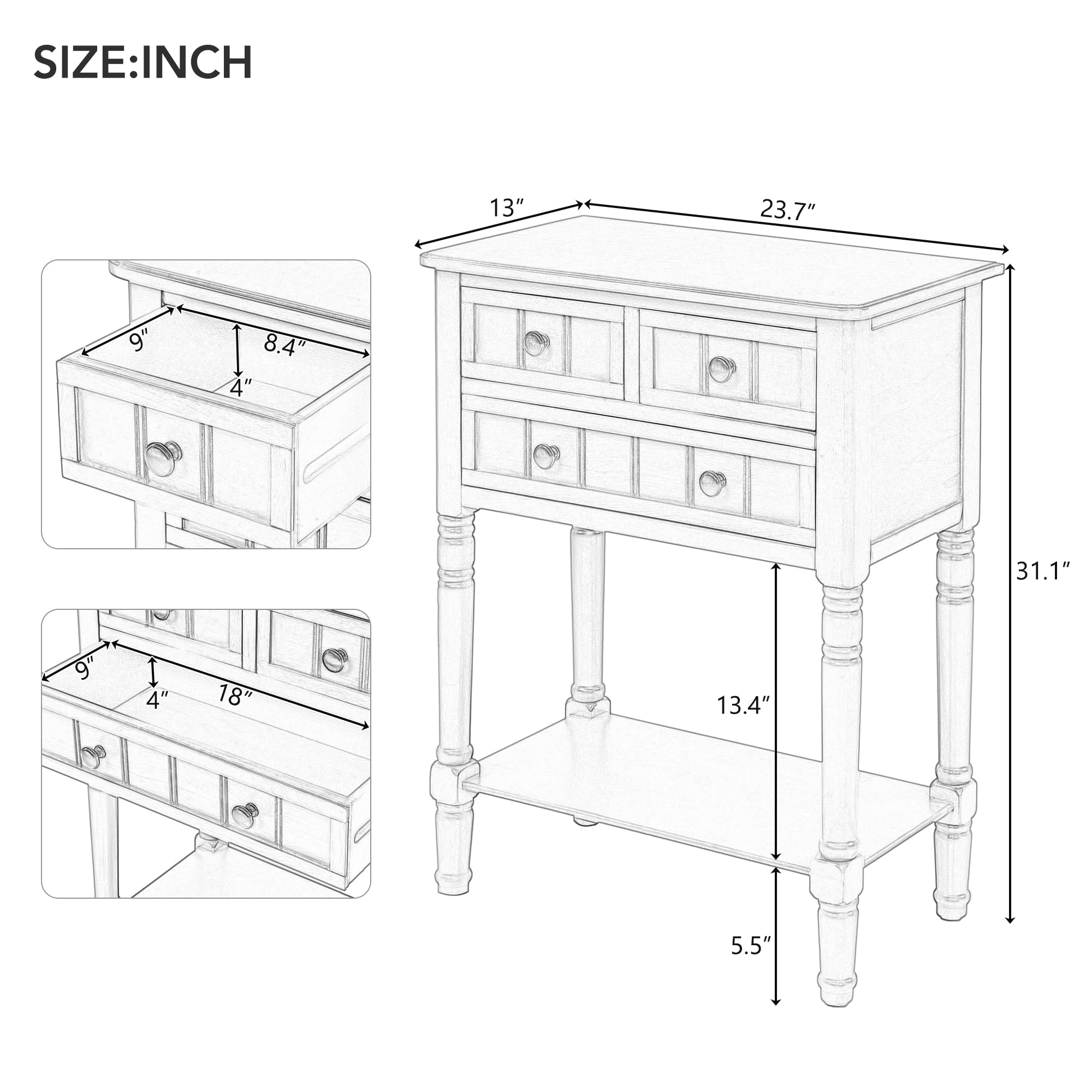 Narrow Console Table Sofa Table with 4 Storage Drawers & Bottom Shelf | Solid Wood Entryway Table | Side Table Sideboard for Living Room, Hallway & Entryway | Easy Assembly (Gray) | Perfect for Small Spaces & Home Organization