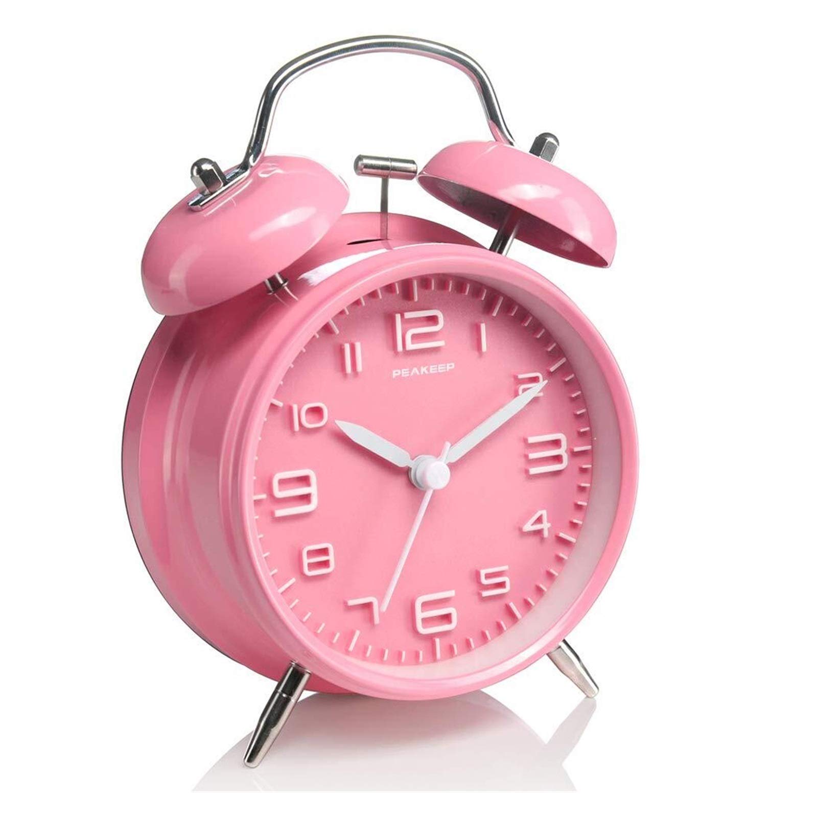 Changshuo 4-Inch Twin Bell Alarm Clock with 3D Dial & Backlight - Battery Operated Loud Vintage Bedroom Clock (Pink) - Perfect for Home, Office, Dorm & Travel Use