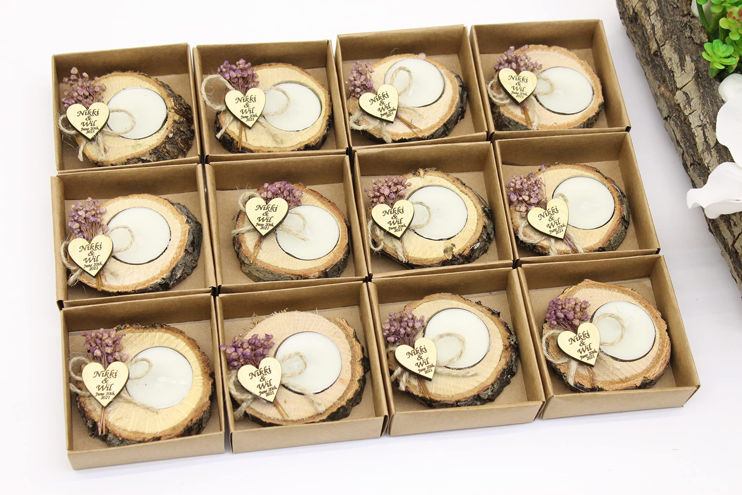 50 Pcs Personalized Wooden Log Candle Holders - Wedding Favors for Guests, Memorial Candles, Tealight Holders - Rustic Home Decor for Weddings, Bridal Showers, Sympathy Gifts & Memorial Services