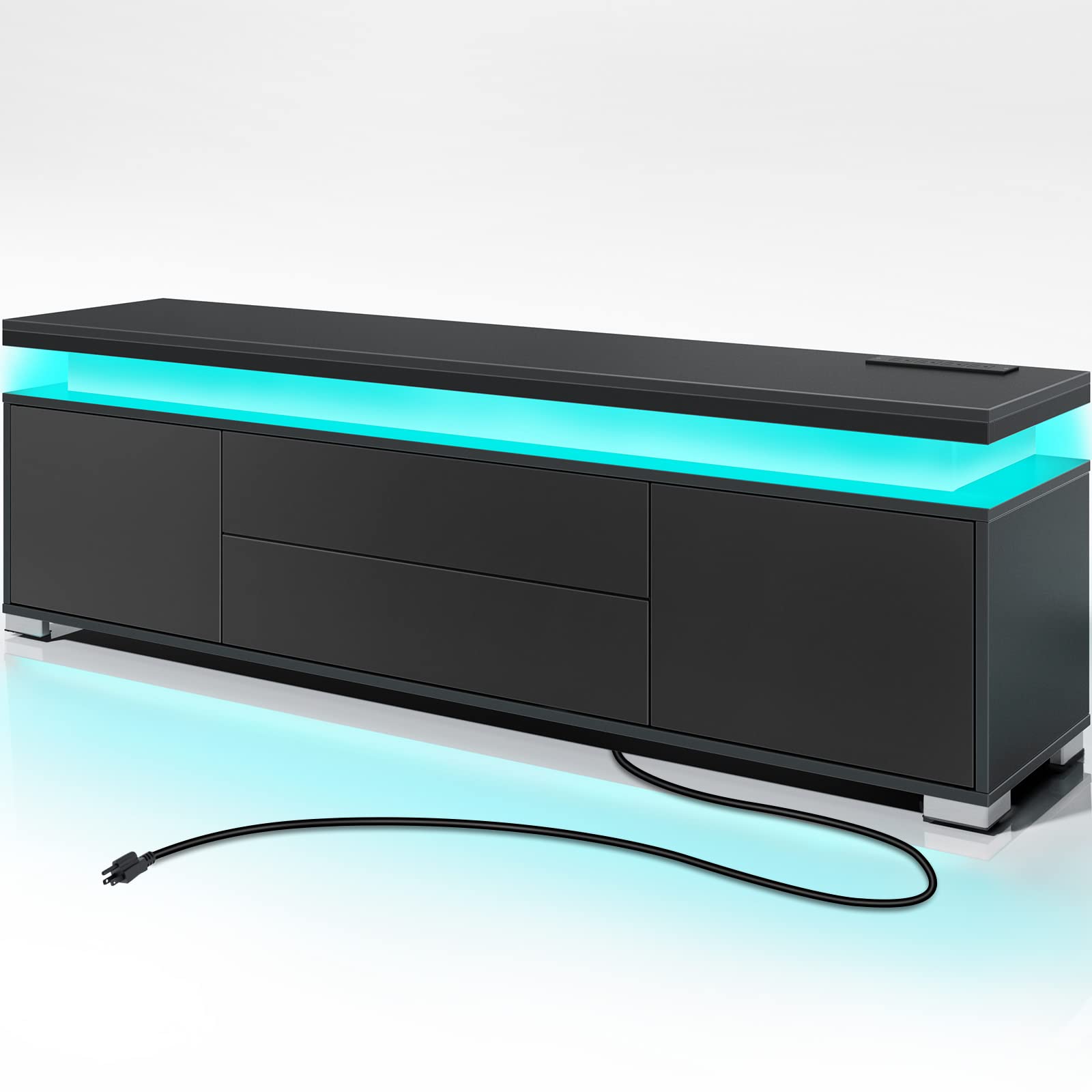 Rolanstar Modern TV Stand with Power Outlet & LED Lights - Universal Entertainment Center for 32-65 Inch TVs, Gaming TV Media Console with Large Storage Cabinet (Black) - Perfect for Living Room, Bedroom & Home Theater Setup