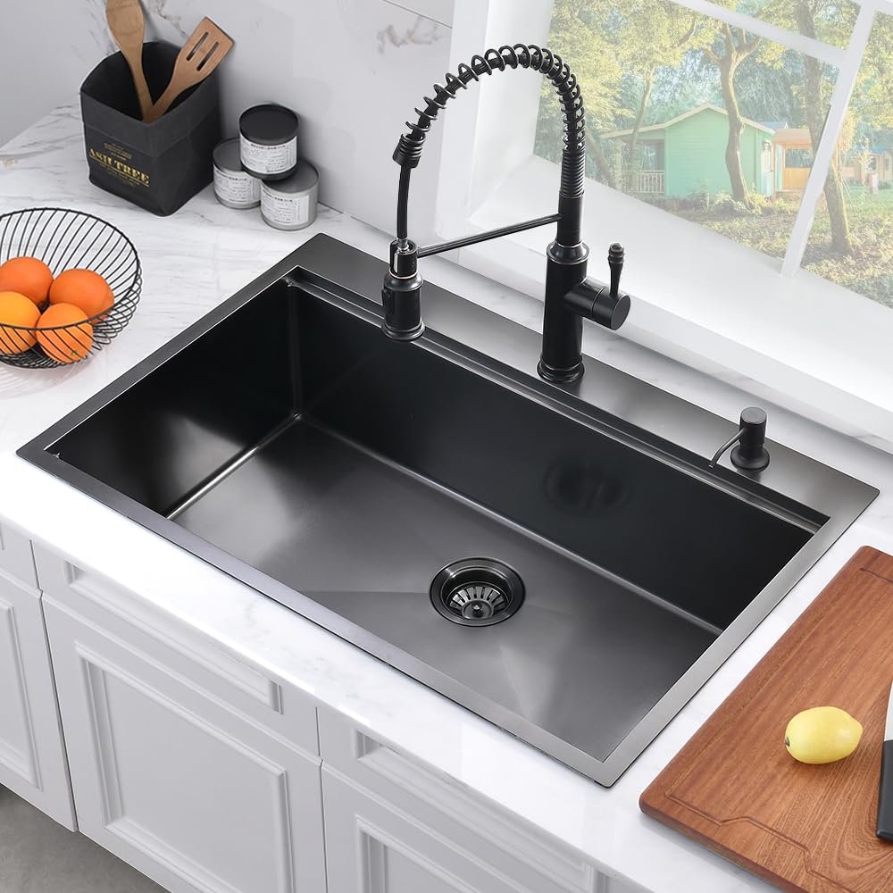 30 Inch Black Drop-In Kitchen Sink Workstation - Bokaiya 30x22 Black Stainless Steel Topmount 16 Gauge Deep Single Bowl Sink with Cutting Board & Strainer - Perfect for Modern Kitchens, Food Prep, and Dishwashing