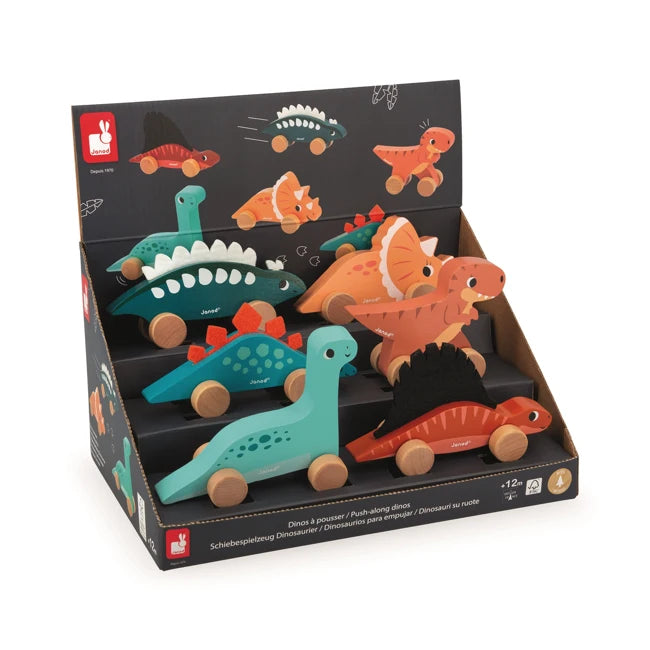 Janod Wooden Dino Push Along Toy - Classic Wooden Dinosaur Pull Toy for Toddlers 1-3 Years Old - Perfect for Early Learning & Indoor/Outdoor Play