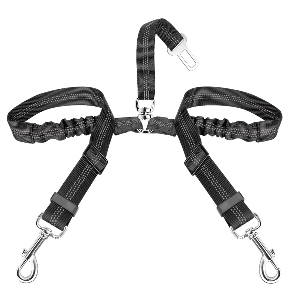 SlowTon Adjustable Double Dog Seat Belt - Y-Shape No Tangle Pet Car Harness with Elastic Bungee & Reflective Safety Leash for Vehicle Travel (Black, Small) - Perfect for Road Trips with Two Dogs