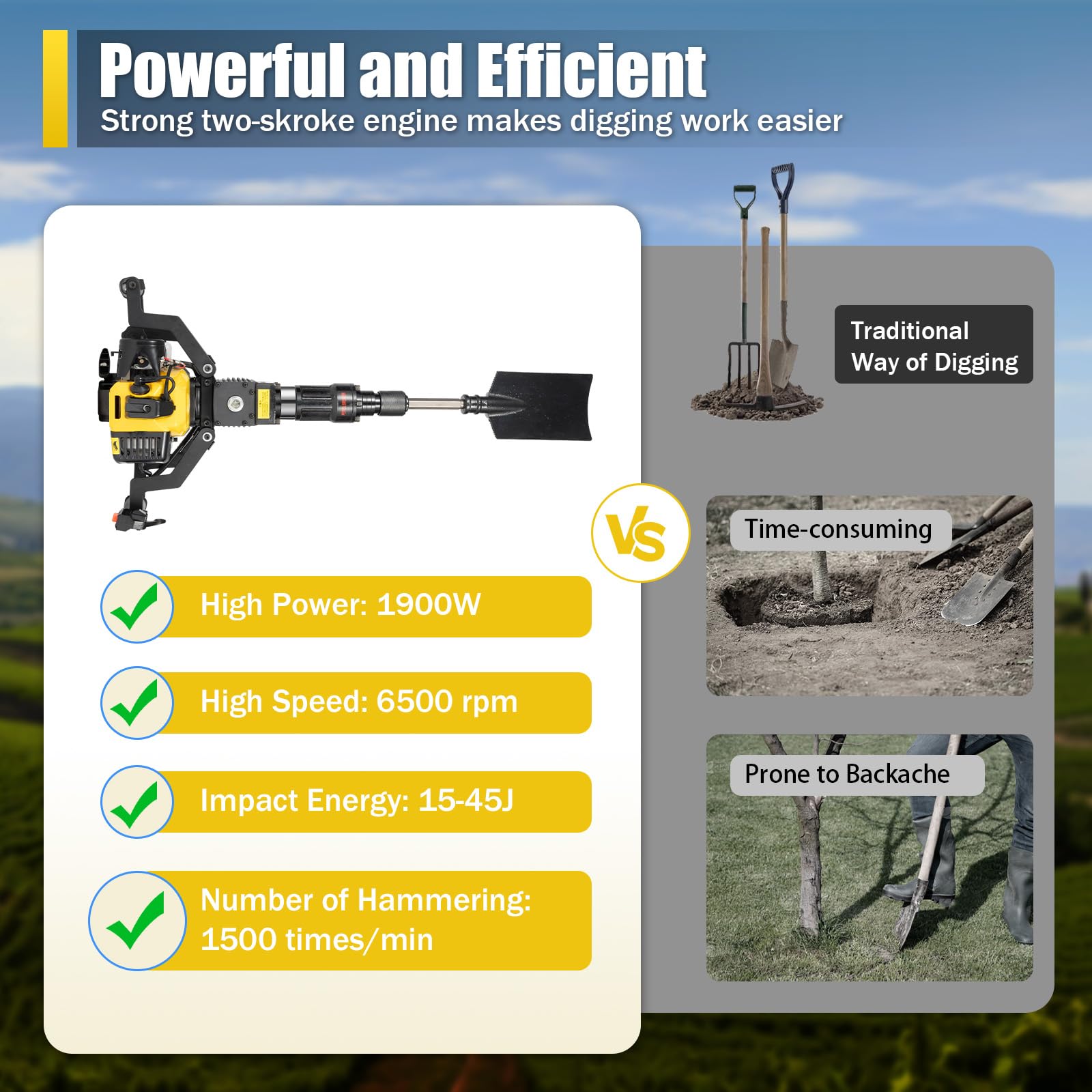 52cc 2-Stroke Gas Powered Handheld Planting Shovel Drill - Portable Single Cylinder Garden Tree Digger & Excavator for Farm, Home & Landscaping | Ideal for Digging Holes, Planting Trees & Garden Maintenance