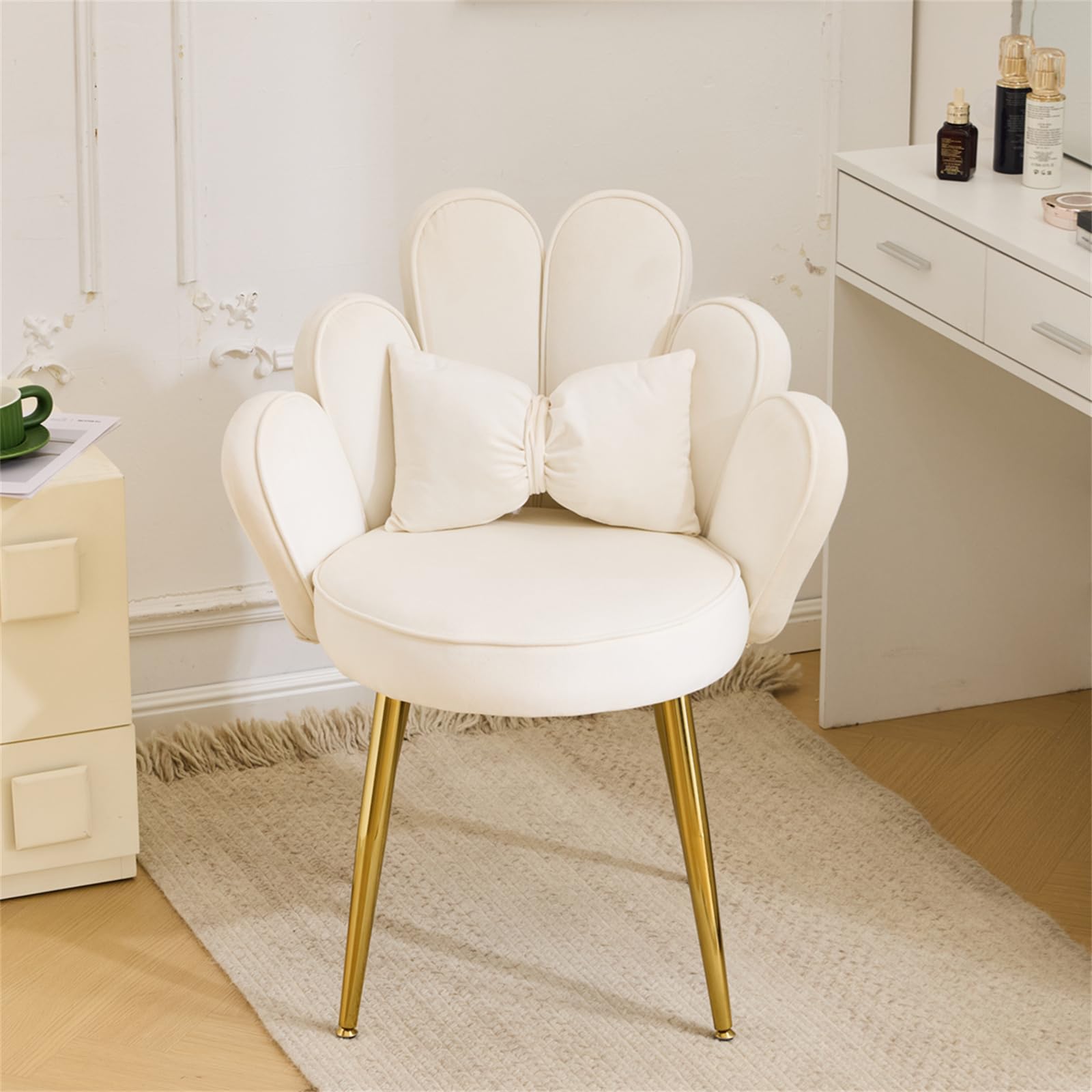 VINGLI Velvet Petal Makeup Vanity Chair with Back - Cute Flower Design, Adjustable Gold Legs & Bow Pillow - Comfortable No-Wheels Desk Chair for Girls, Modern Dining & Accent Chair - Perfect for Home Office, Bedroom, Dressing Room (White)