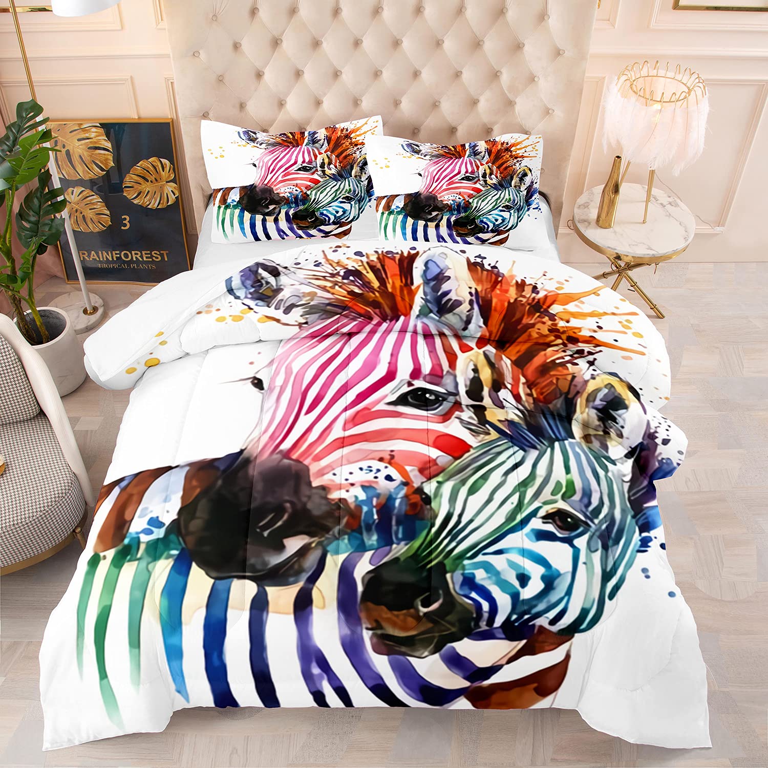 Colorful Zebra Print Kids Comforter Set Full Size - Watercolor Wild Animal Bedding Set with 1 Comforter & 2 Pillow Shams for Boys Girls Jungle Theme Bedroom Decor