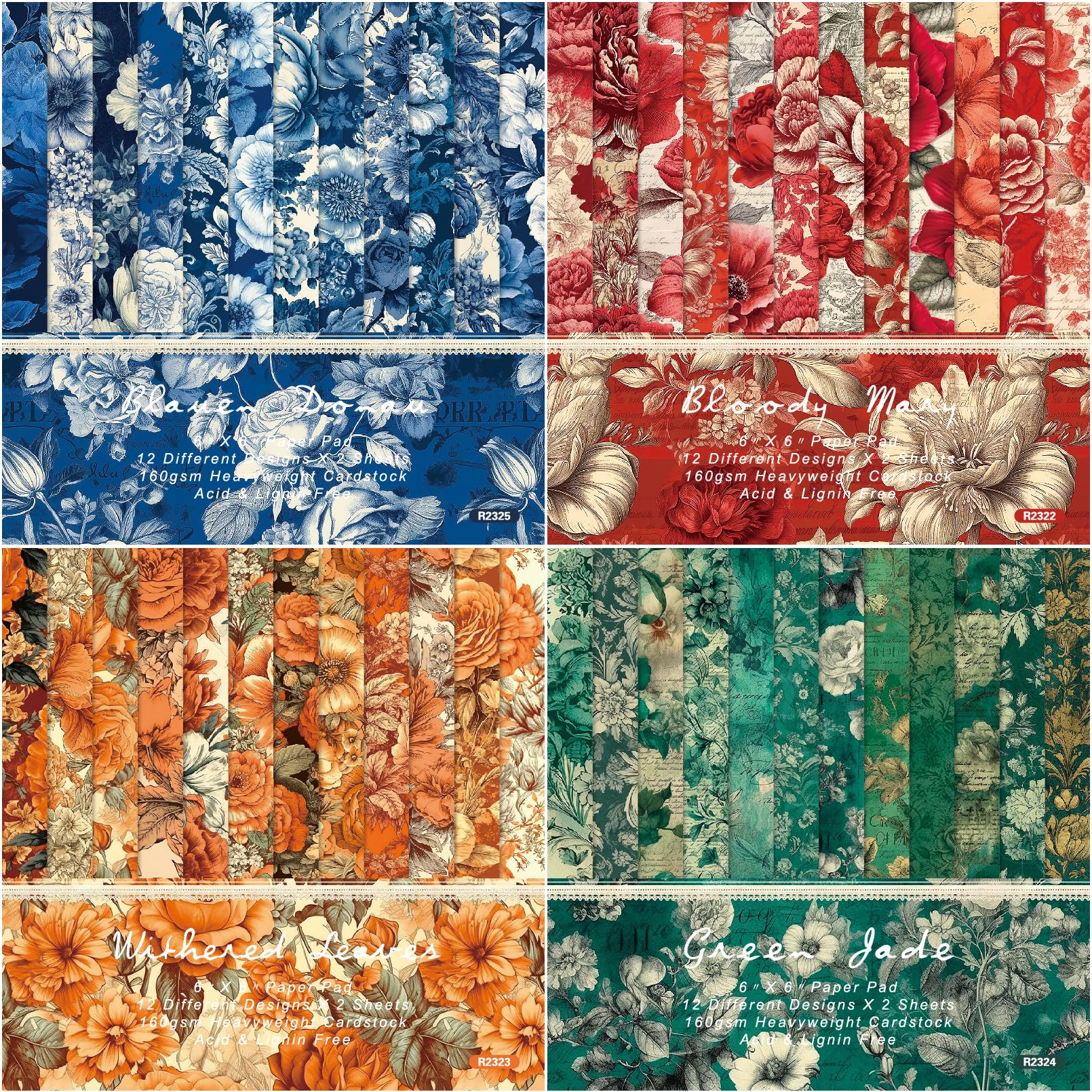 Floral Cardstock Paper 6x6 Inch - 24 Sheets Single-Sided Flower Pattern Scrapbook Paper for Card Making, DIY Photo Albums, Journals & Craft Projects - Blue Decorative Design Paper for Wedding Invitations, Scrapbooking & Home Decor