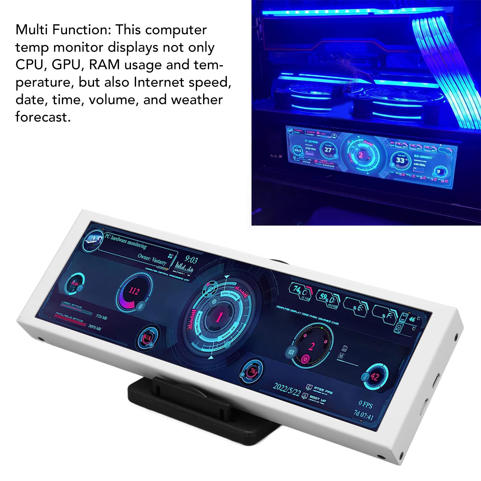Goshyda 7.9 Inch IPS Display PC CPU Data Monitor - Customizable Theme Editor, Multi-Function GPU RAM Monitor for Gaming & Workstation PCs - Perfect for PC Builders, Streamers & Tech Enthusiasts