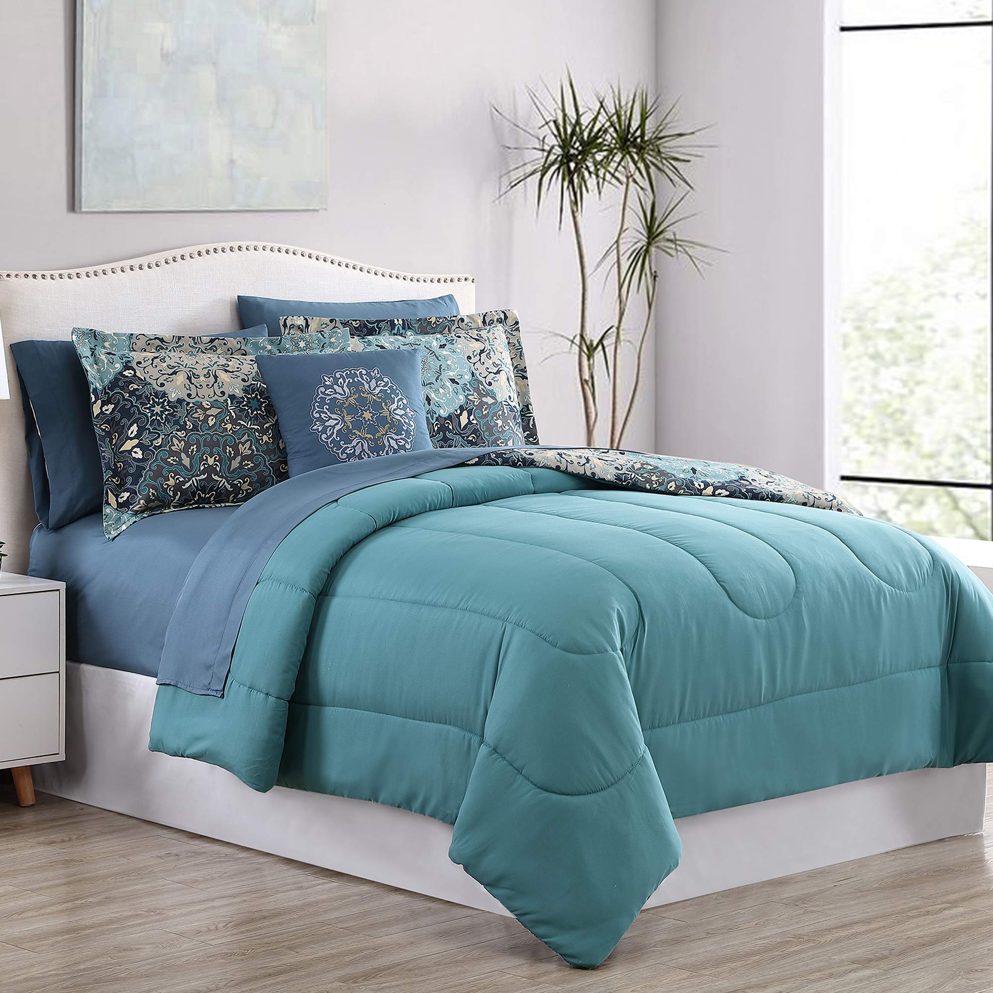 Modern Threads Granada Collection Reversible Microfiber Comforter Set - Elegant Printed Bedding Set with Comforter, Sheets, Shams & Pillow - Luxury Bedroom Decor for Master Bedroom, Guest Room & Dorm
