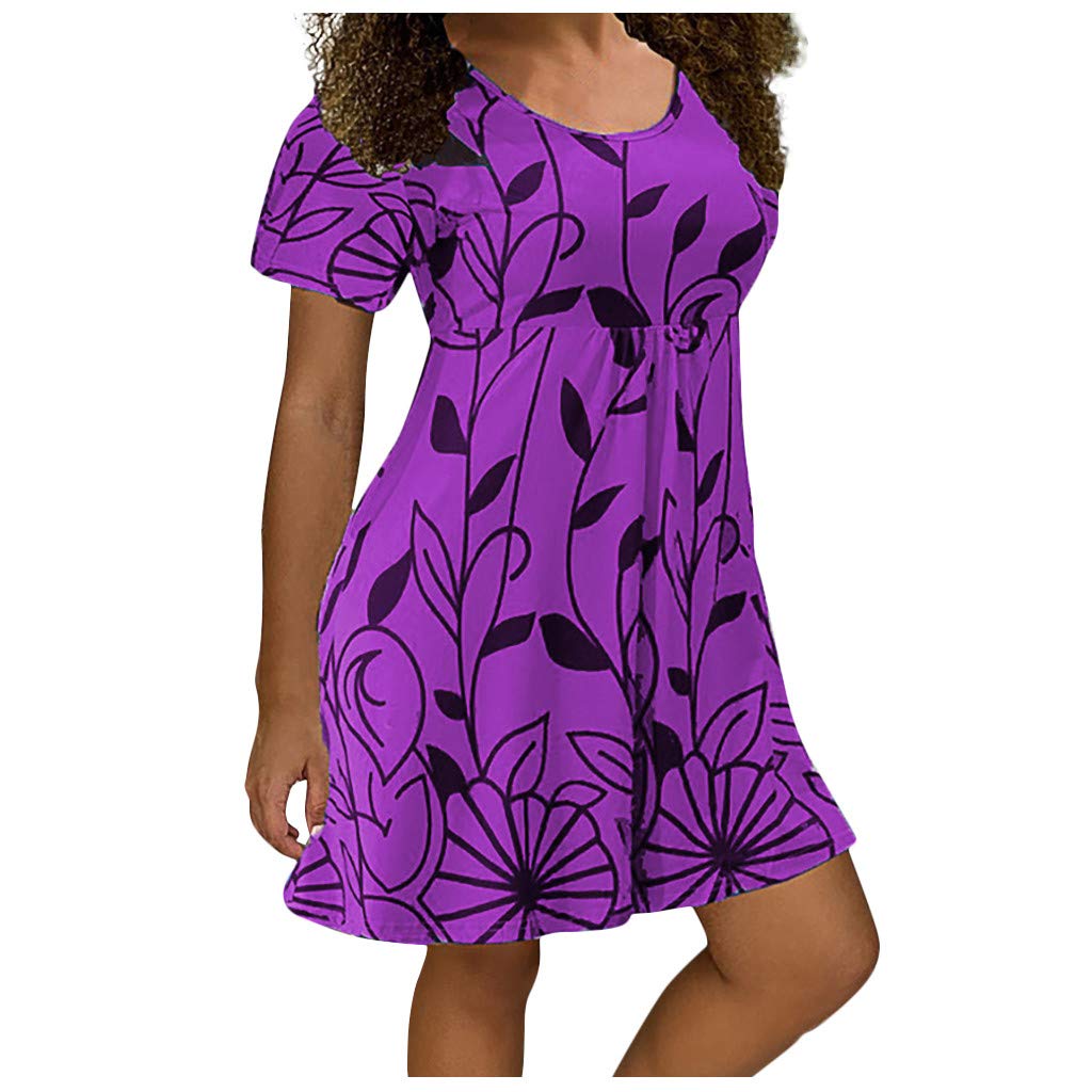 Plus Size Floral Print Short Sleeve Dress for Women - Empire Waist Mini Dress with Loose Fit & Flowy Design - Perfect for Casual Wear, Summer Outfits, Beach Vacations and Date Nights