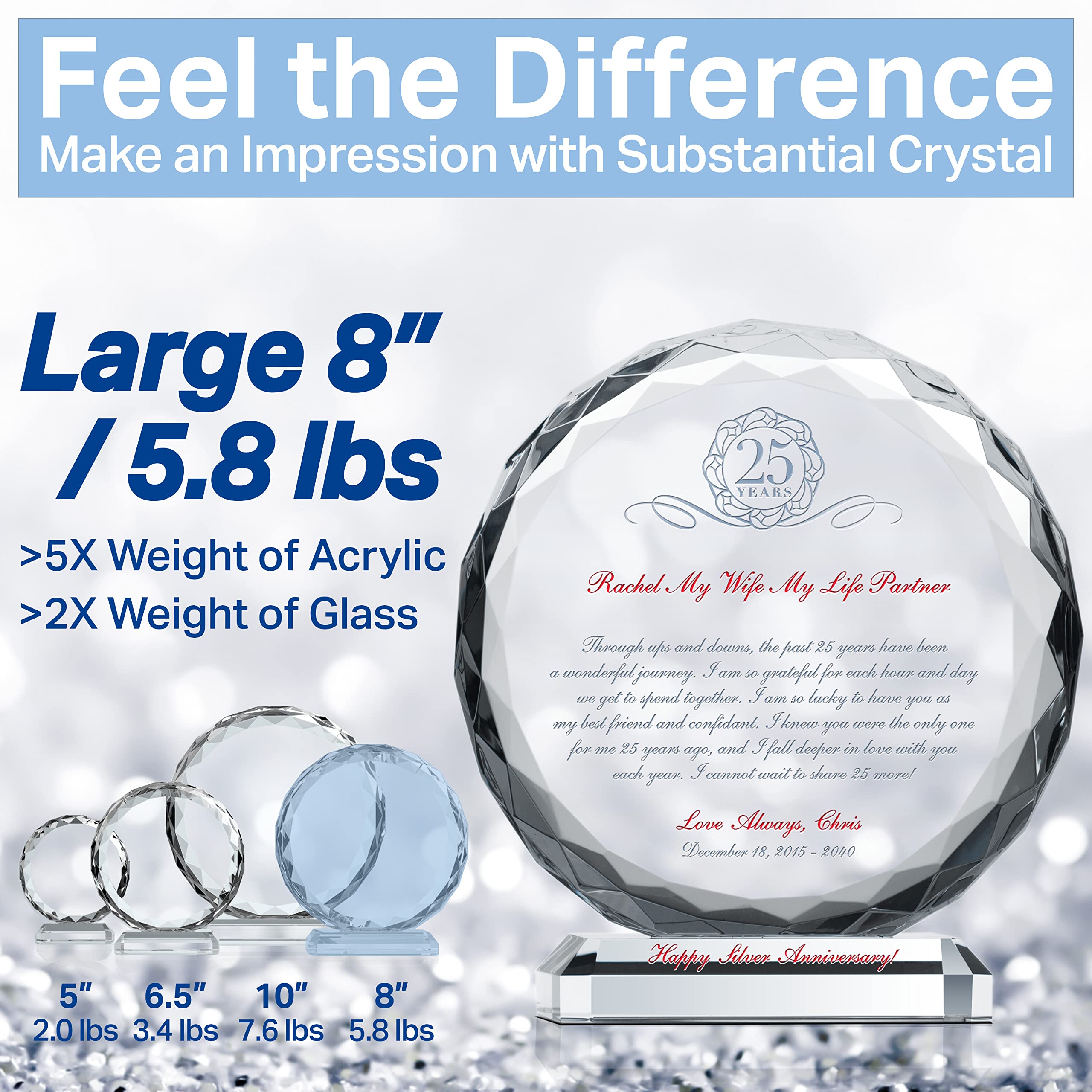 Personalized 25th Wedding Anniversary Gift for Him or Her - Custom Engraved with Spouse Names & Date - Unique Silver Anniversary Gift for Husband or Wife (8 Inch) - Perfect for Romantic Celebrations, Vow Renewals & Milestone Memories